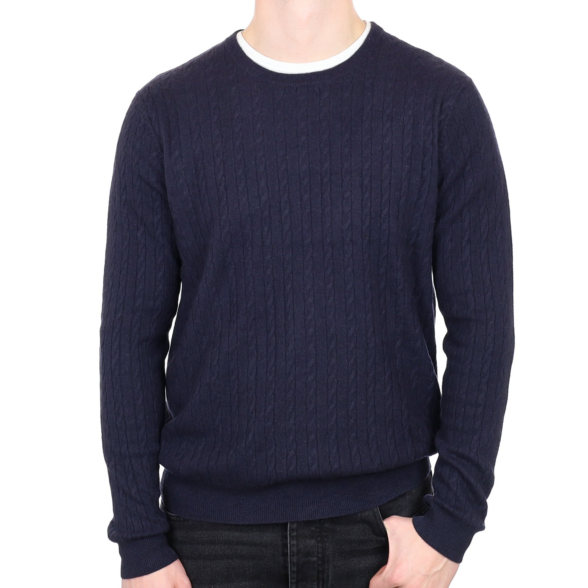 Men's Navy Cable Cashmere Crew Neck Jumper XL