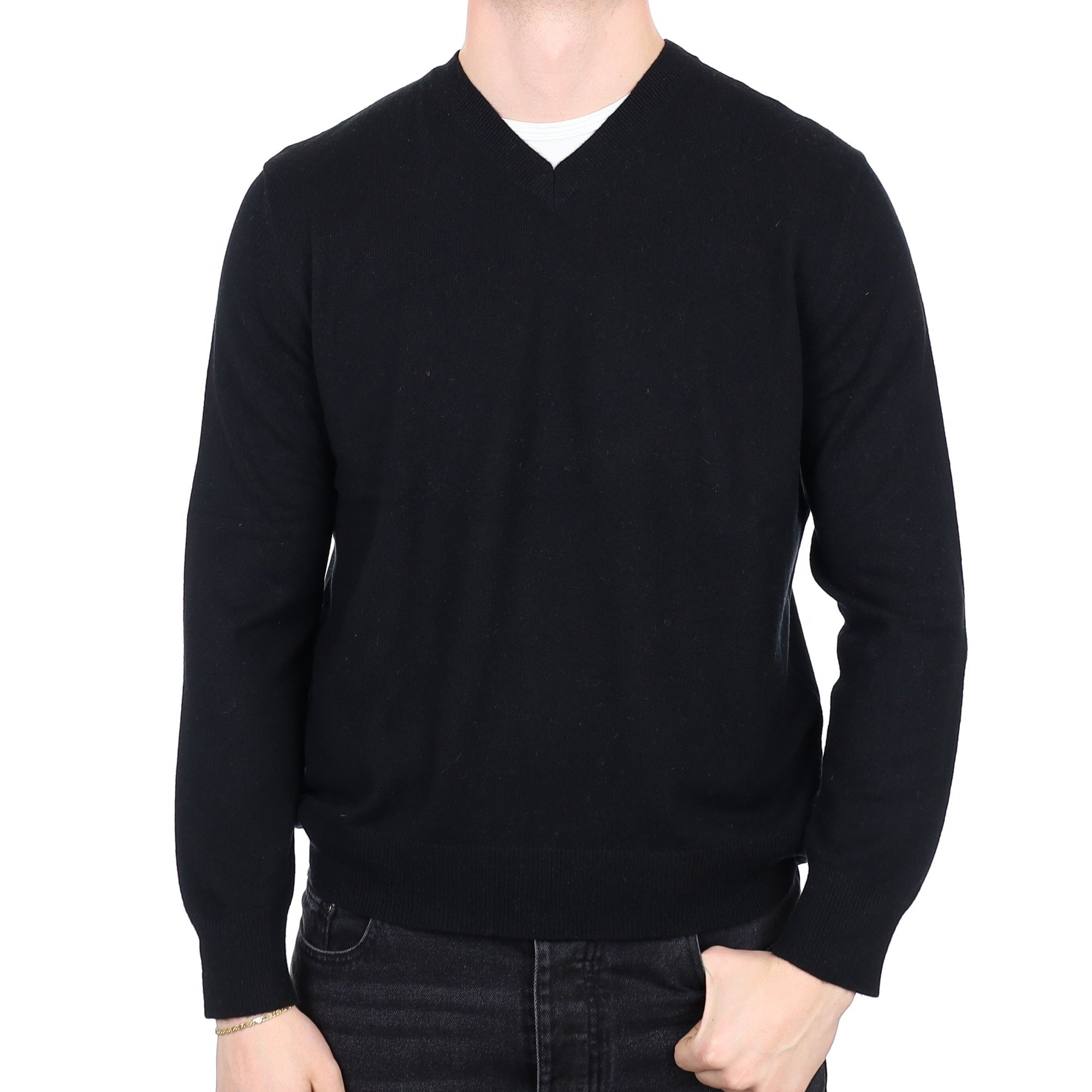 Men's Black Cashmere V Neck Jumper XL