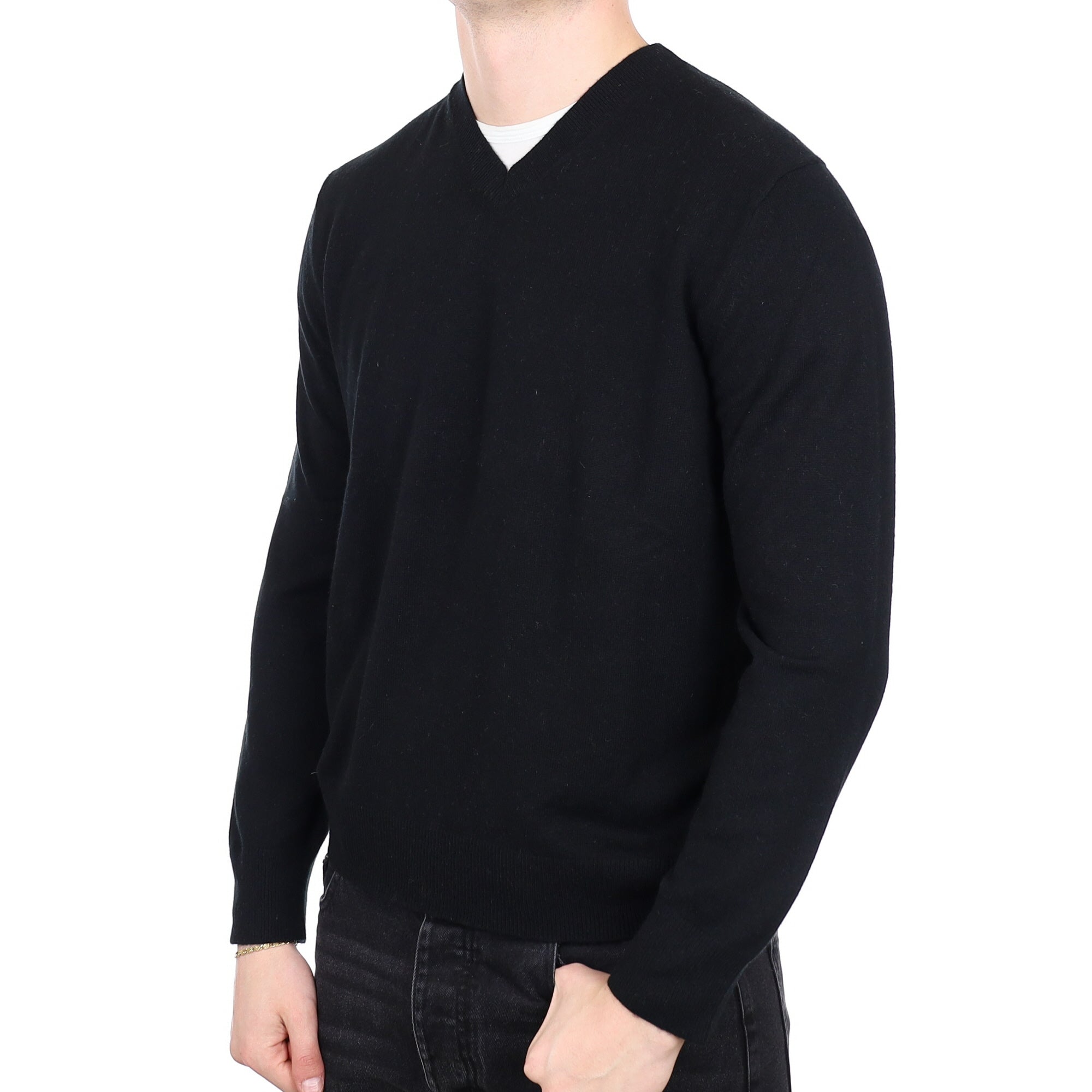 Men's Black Cashmere V Neck Jumper XL