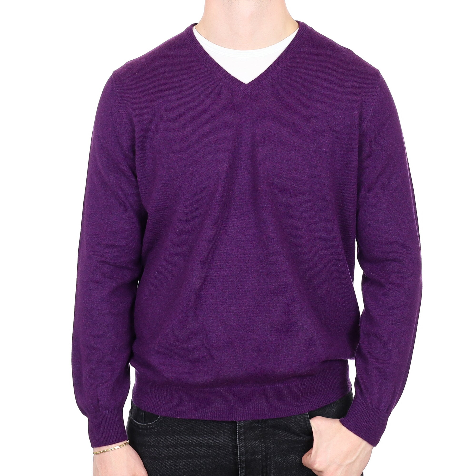 Men's Plum Purple Cashmere V Neck Jumper XL