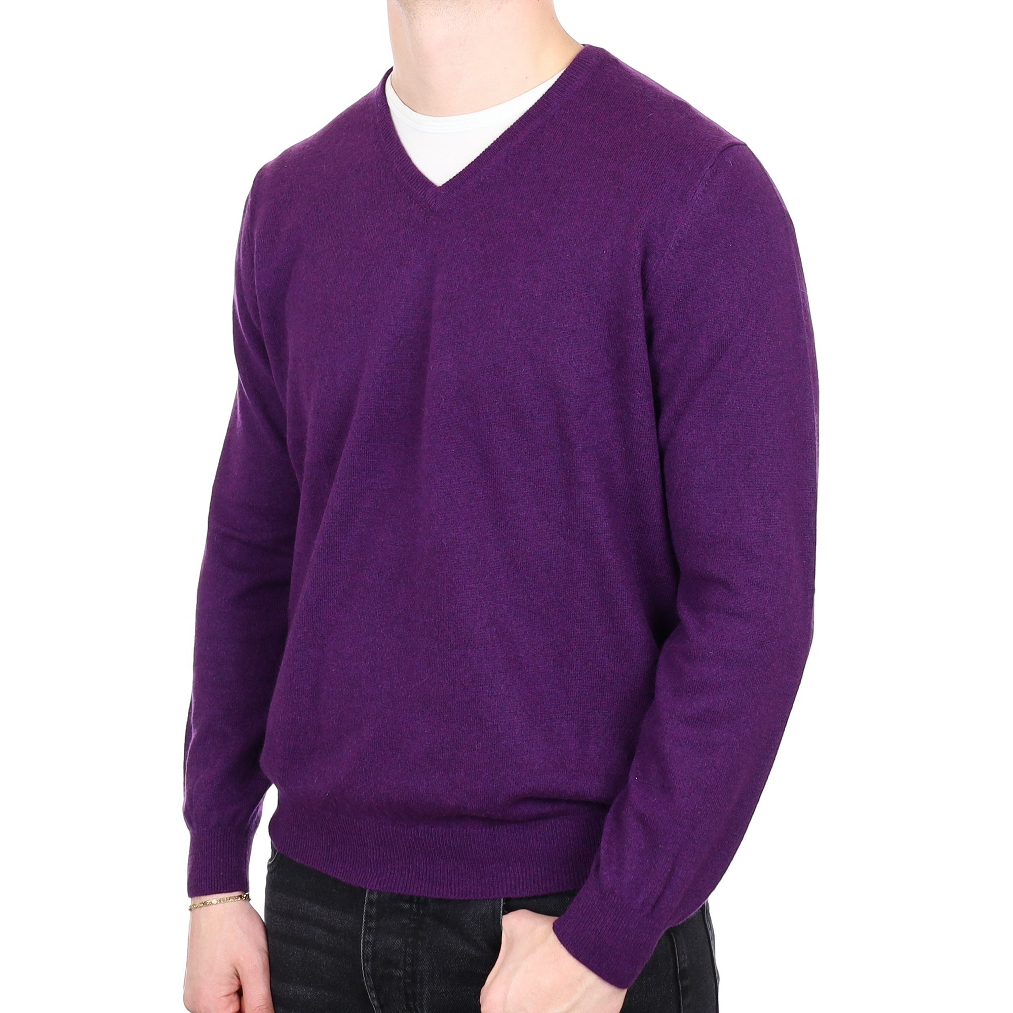 Men's Plum Purple Cashmere V Neck Jumper XL