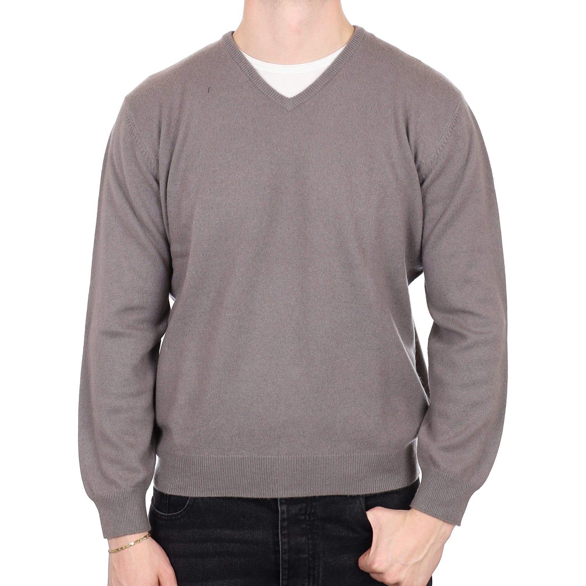 Men's Fossil Grey Cashmere V Neck Jumper XL