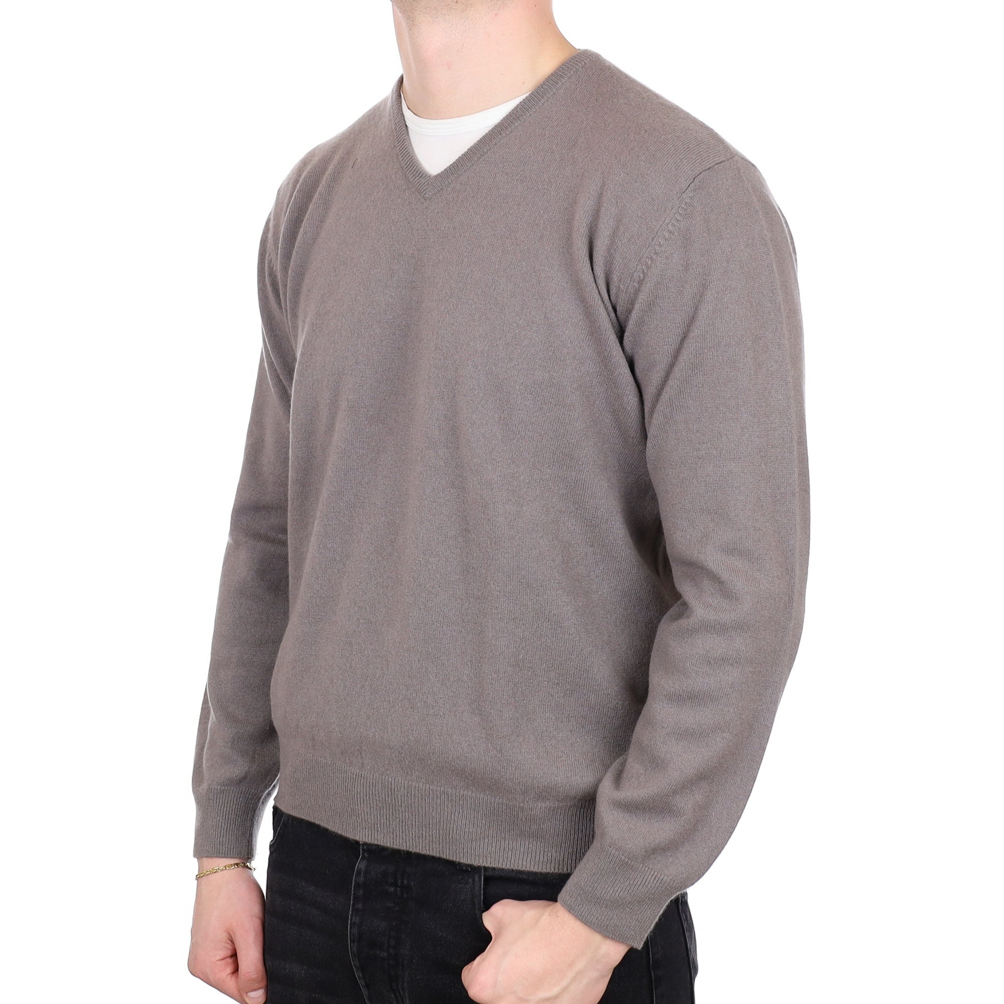 Men's Fossil Grey Cashmere V Neck Jumper XL
