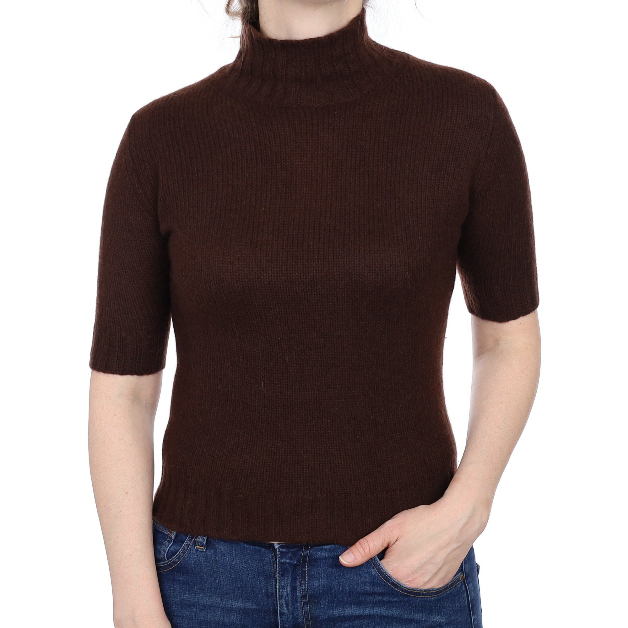Chocolate Brown Cashmere Short Sleeved Turtle Neck Jumper Small