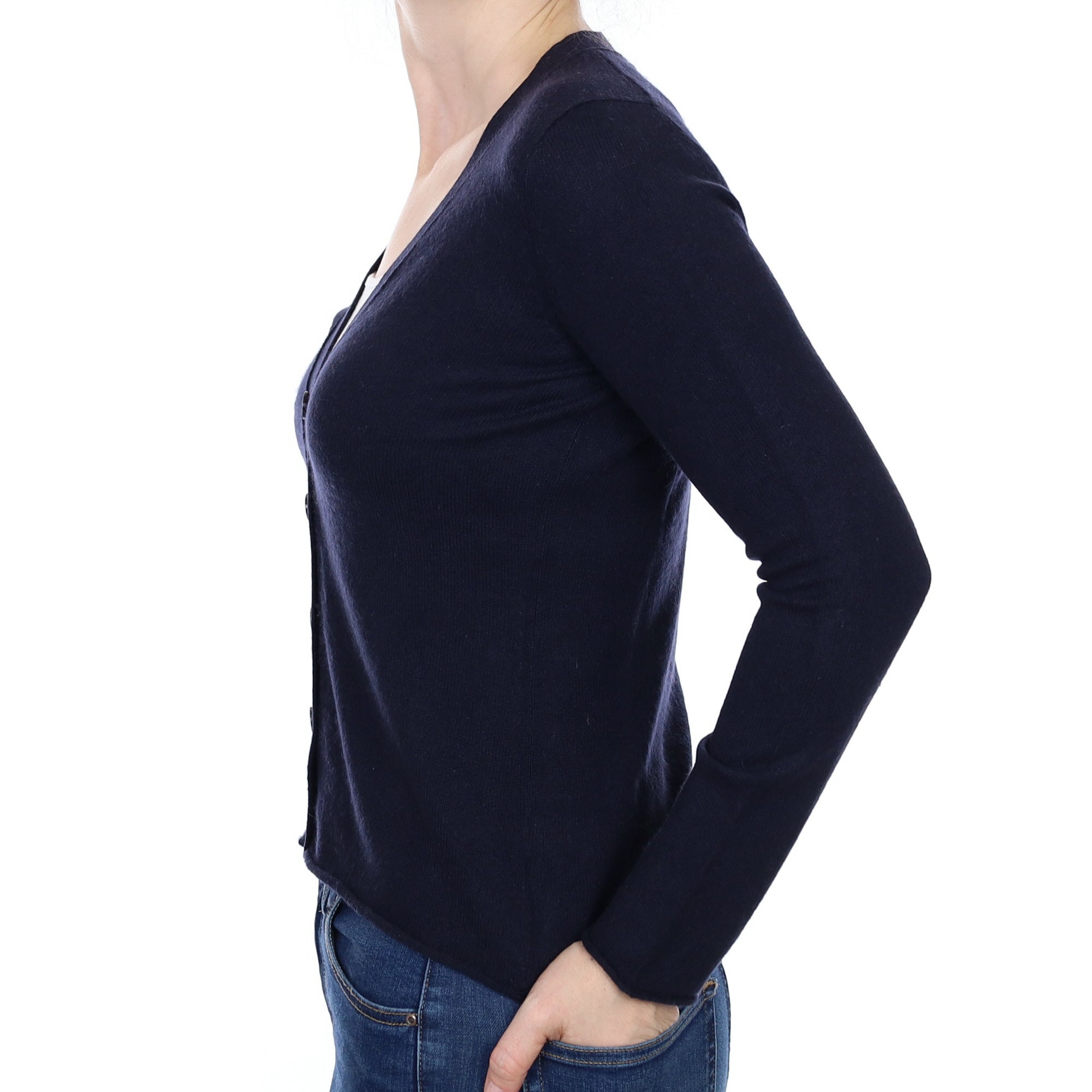Navy Cashmere V Neck Cardigan with Rolled Edges Small