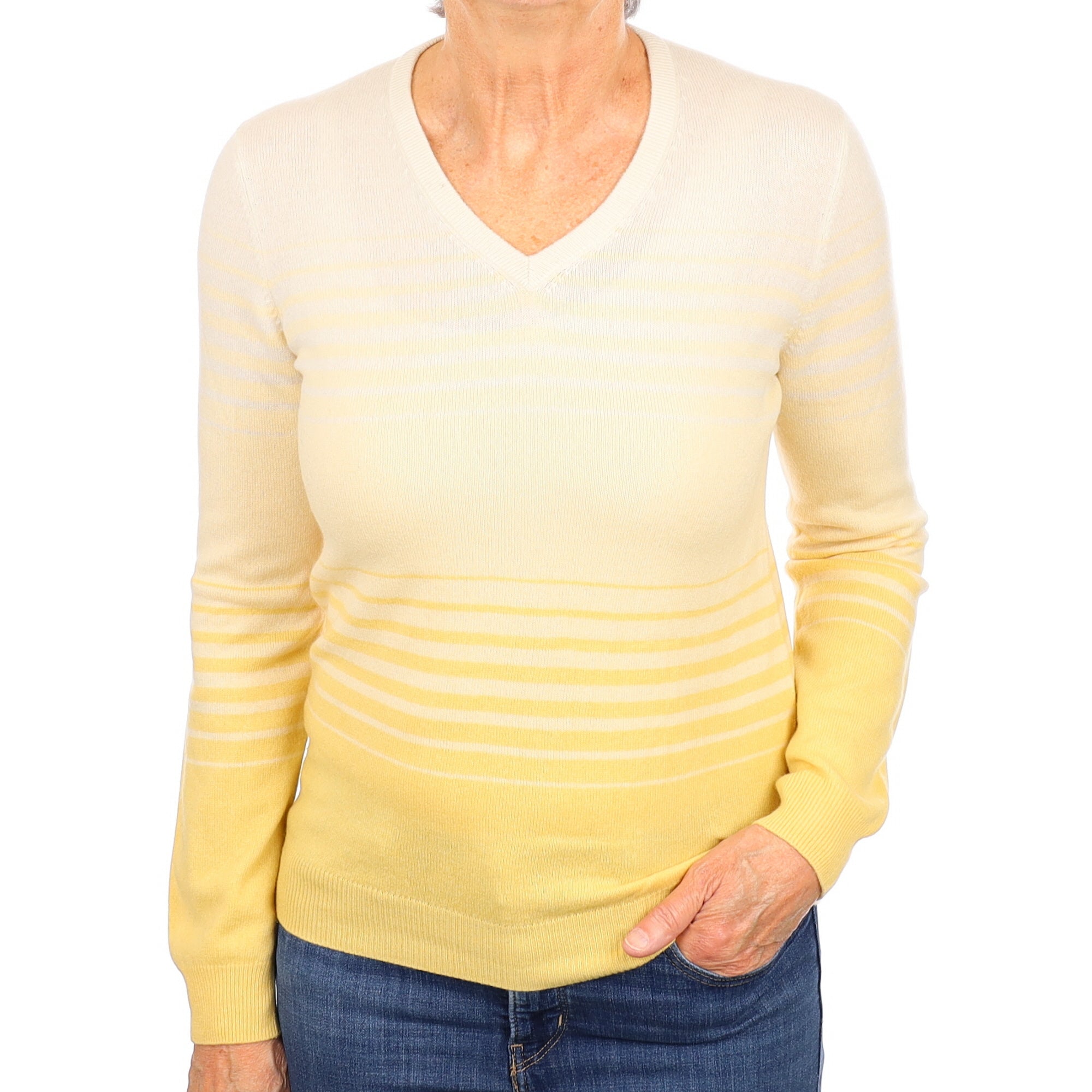 Lemon Yellow Ombre Cashmere V Neck Jumper Medium