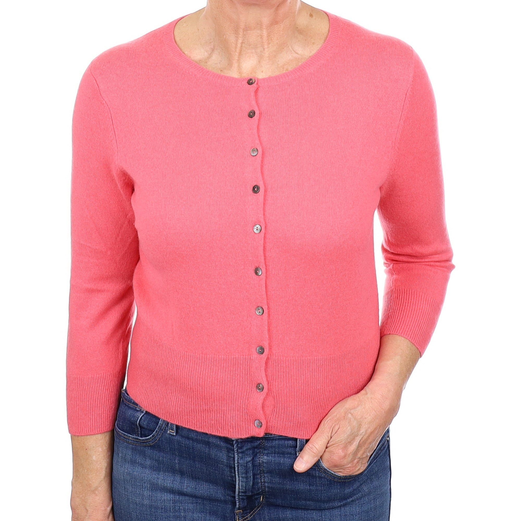 Flamingo Pink Cashmere Crew Neck Cardigan Medium