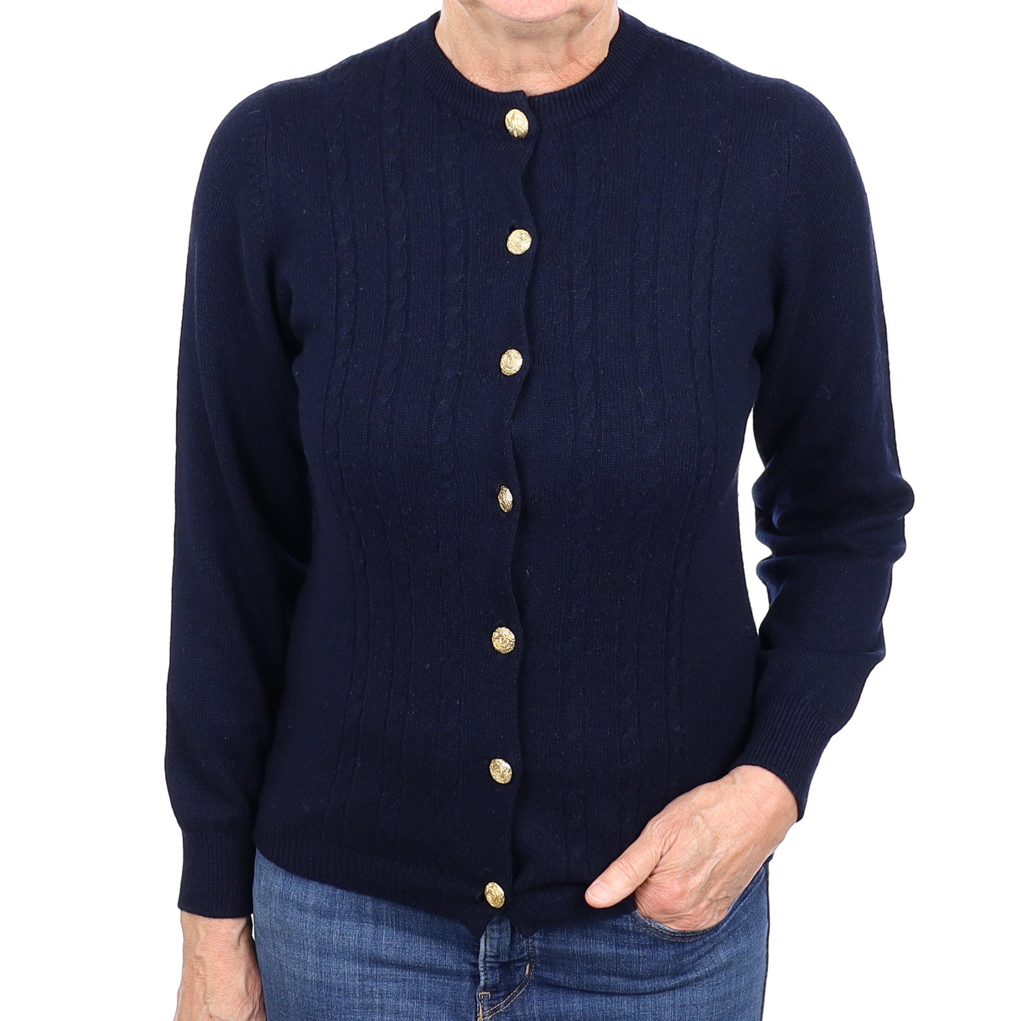 Vintage Pringle Navy Cashmere Crew Neck Cardigan Medium