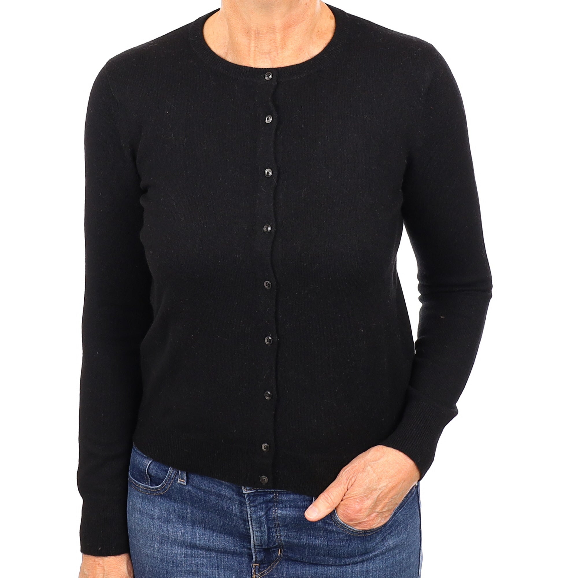 Black Cashmere Crew Neck Cardigan Medium
