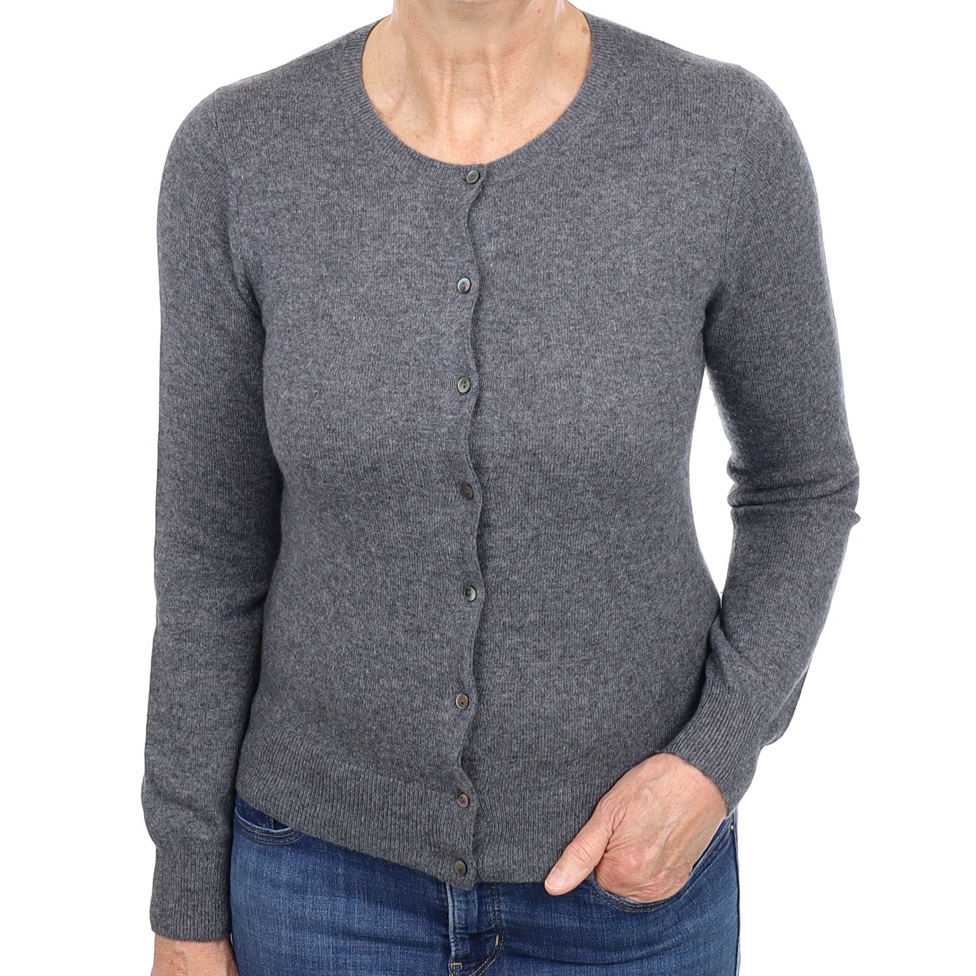 Slate Grey Cashmere Crew Neck Cardigan Medium