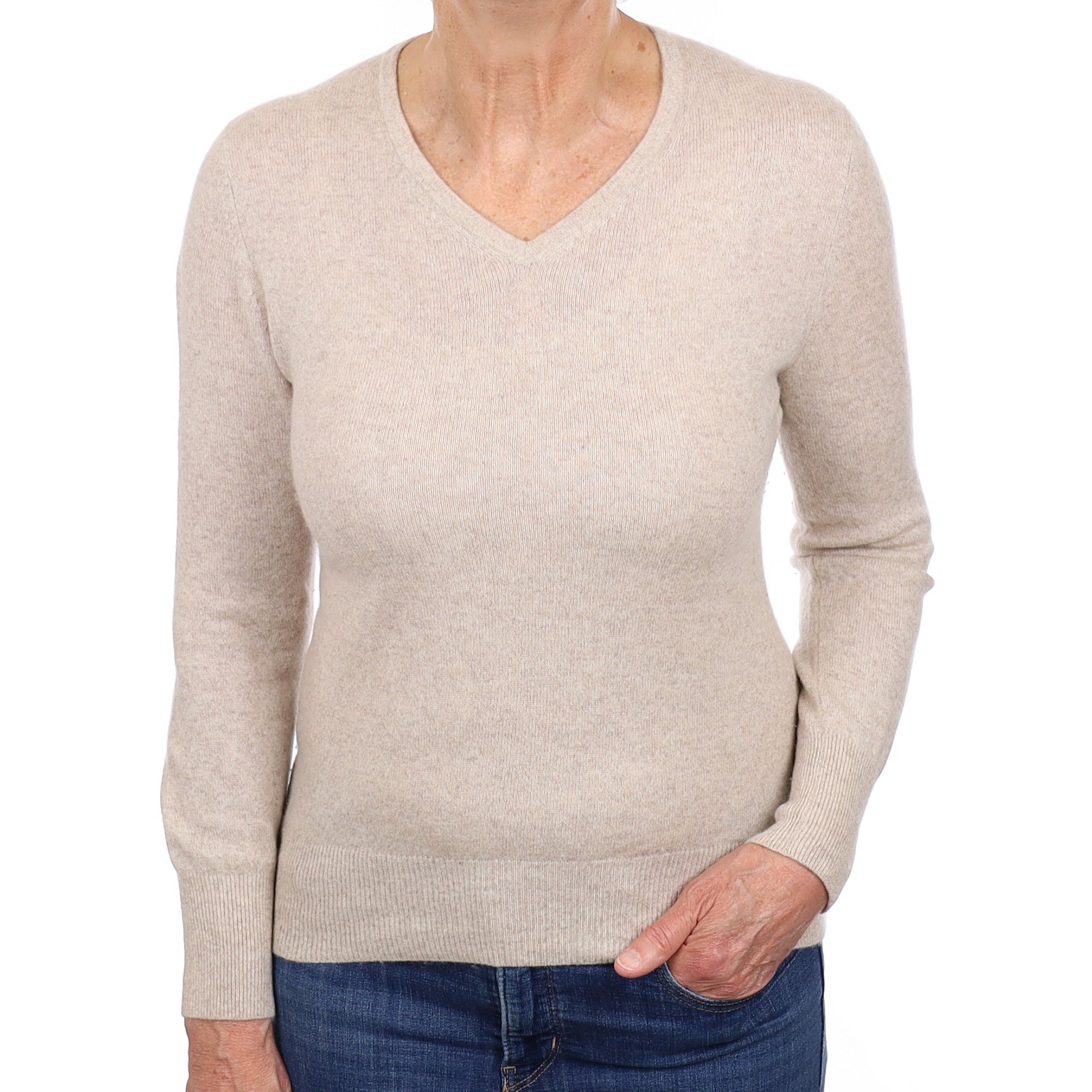 Almond Beige Cashmere V Neck Jumper Medium
