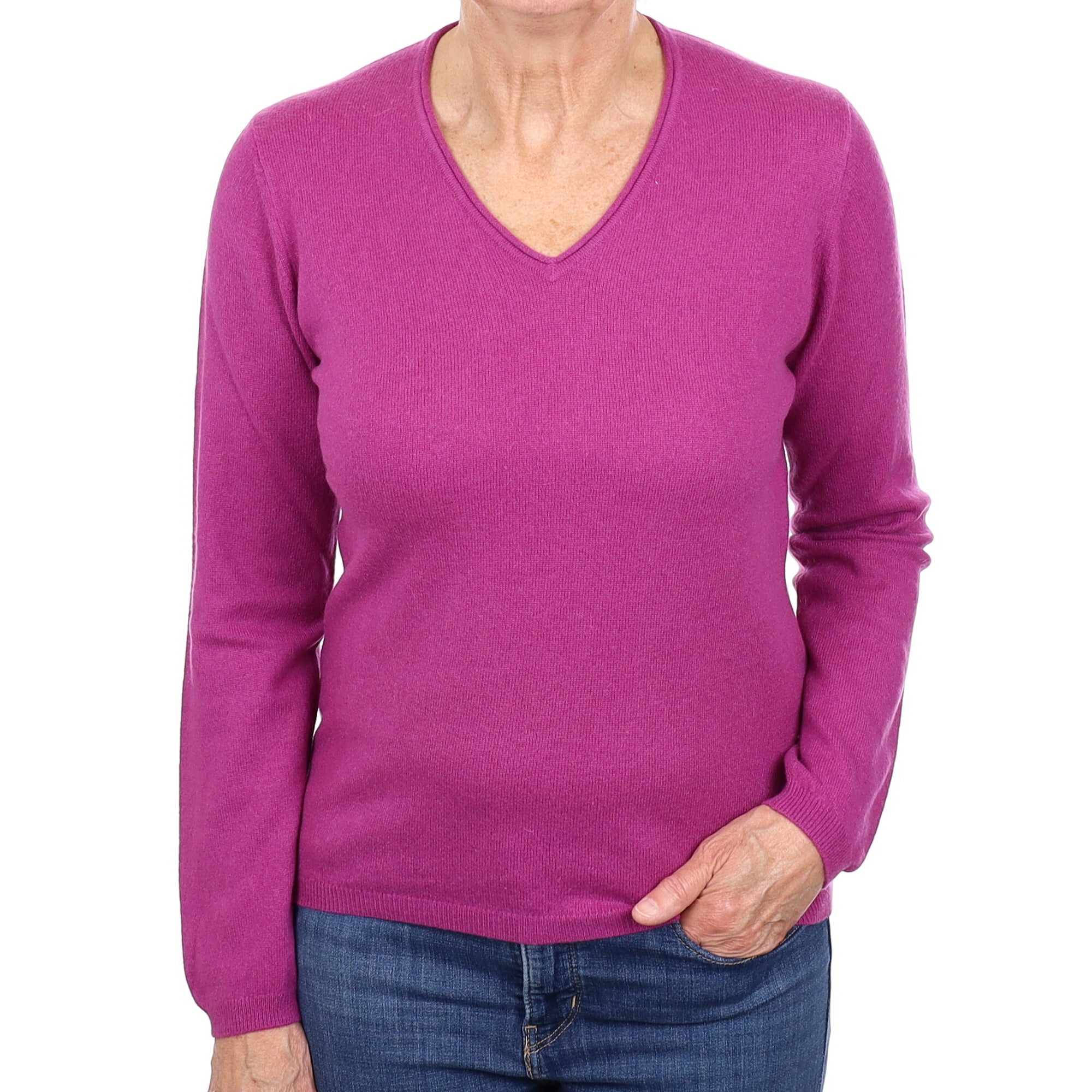 Magenta Purple Cashmere V Neck Jumper Medium