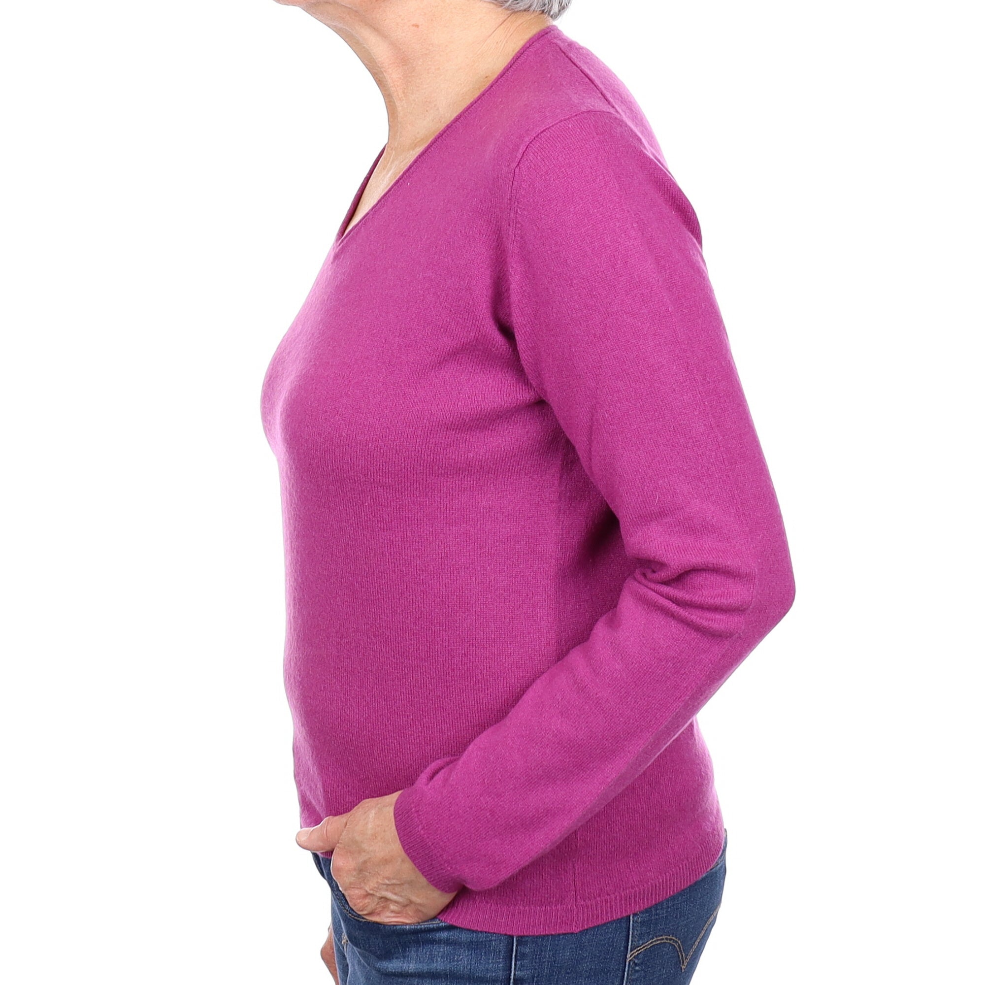 Magenta Purple Cashmere V Neck Jumper Medium