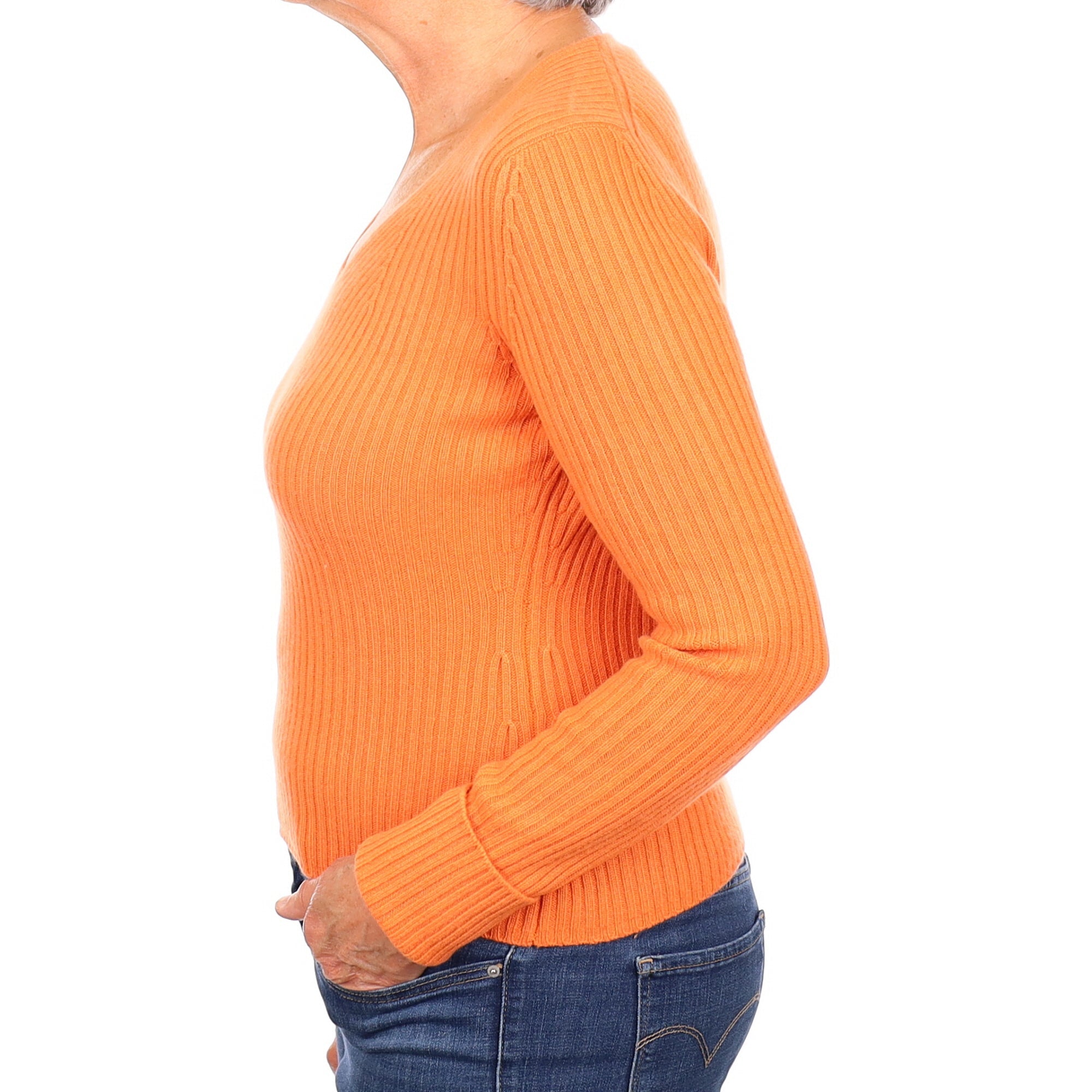Tangerine Orange Ribbed Cashmere V Neck Jumper Medium