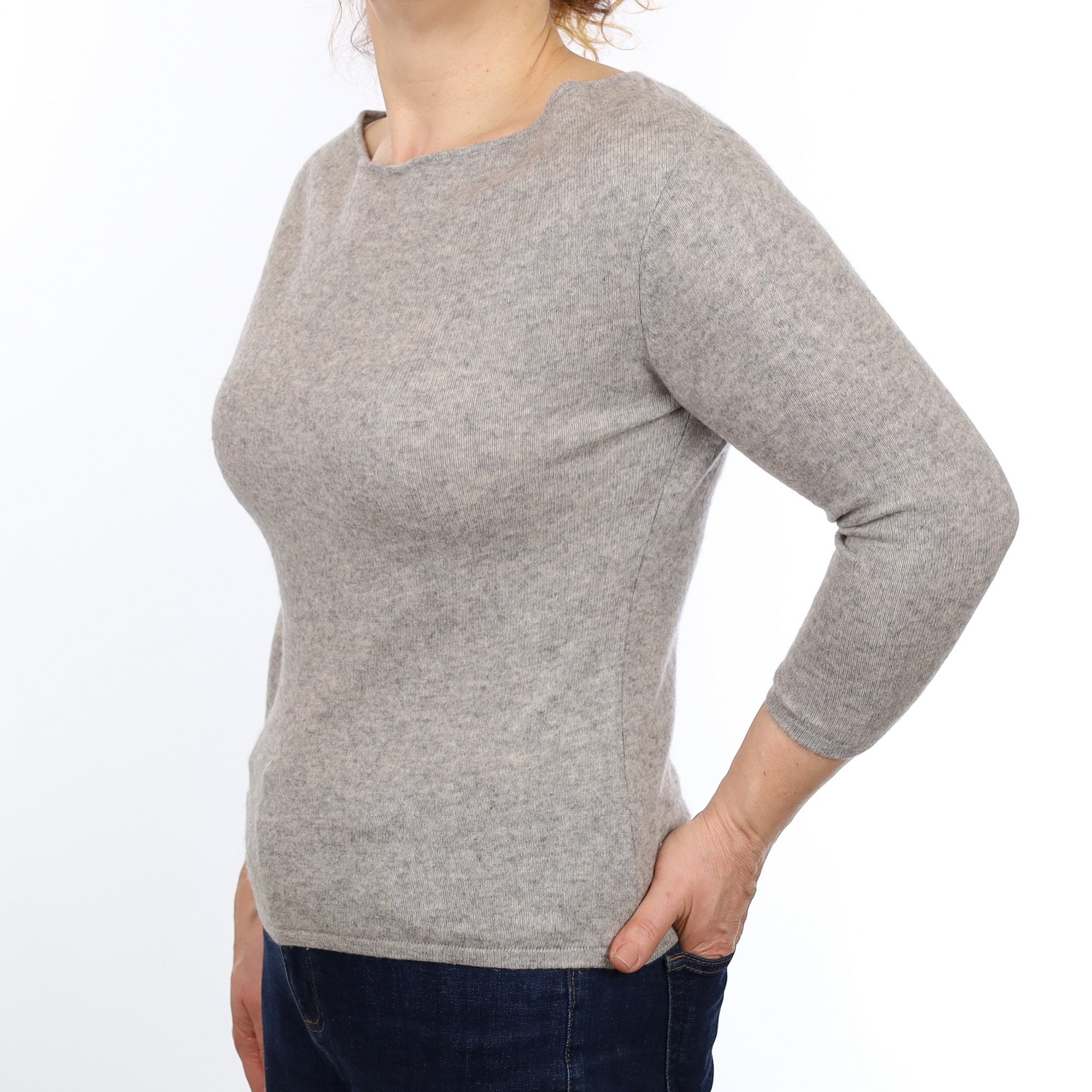 Smoke Grey Cashmere Cowl Neck 3/4 Sleeve Jumper Medium