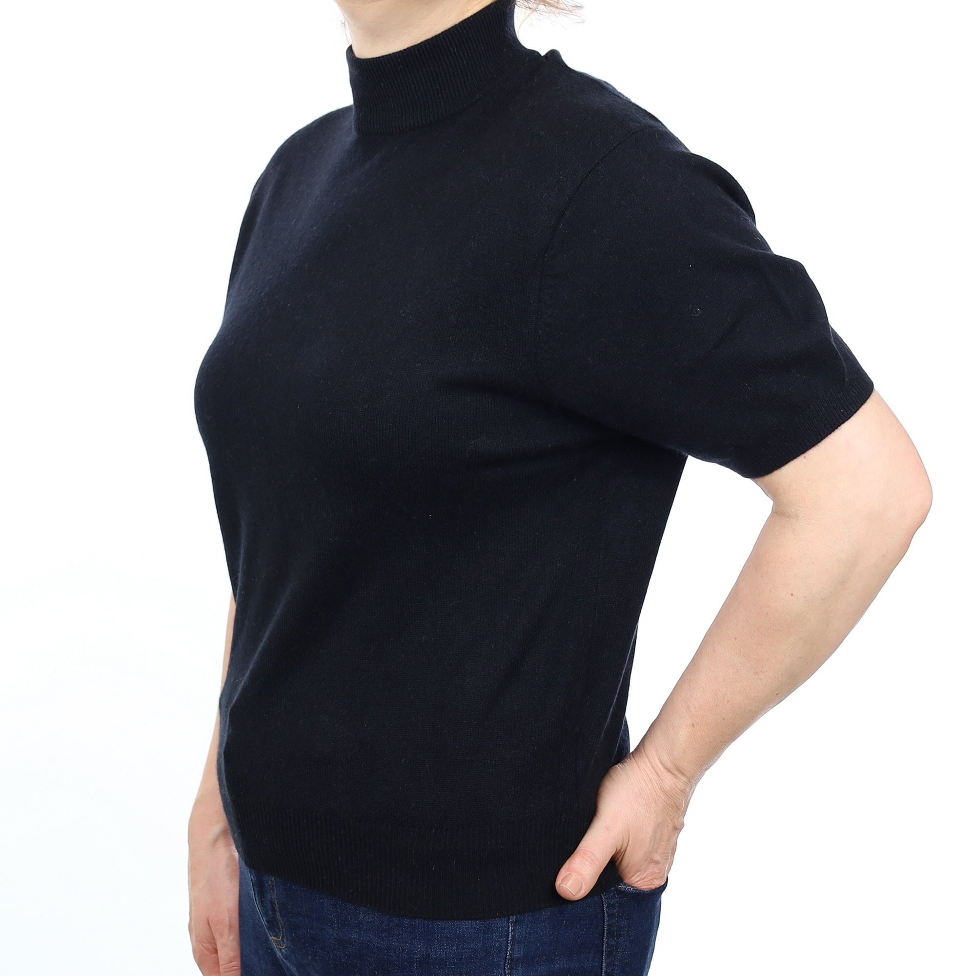Black Cashmere Short Sleeved Turtle Neck Jumper Medium