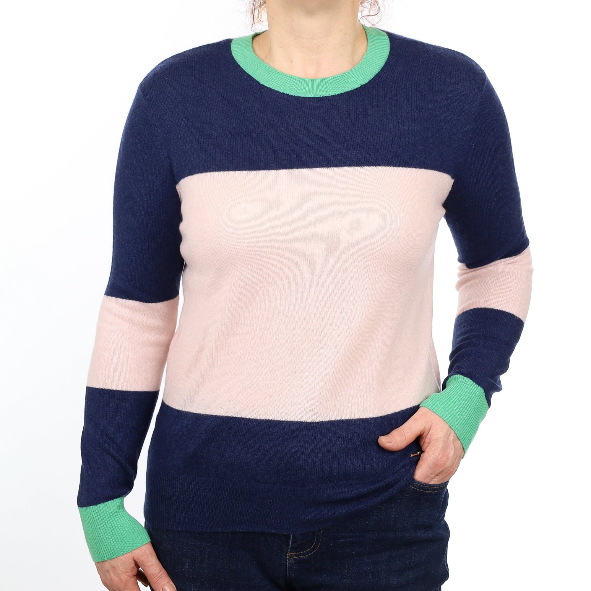 Navy Blue and Pink Striped Cashmere Crew Neck Jumper Medium
