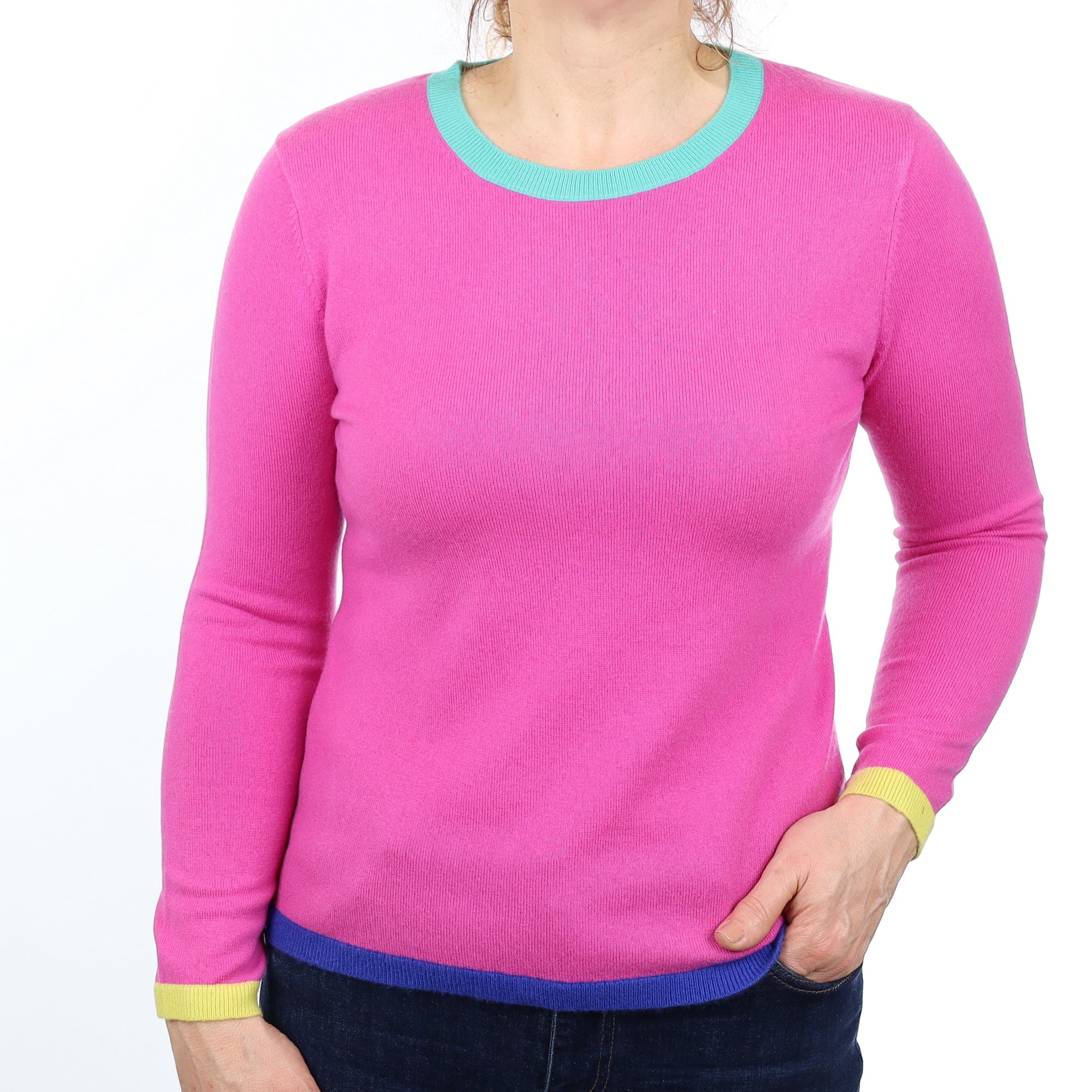 Tulip Pink and Coloured stripe Cashmere Crew Neck Jumper Medium