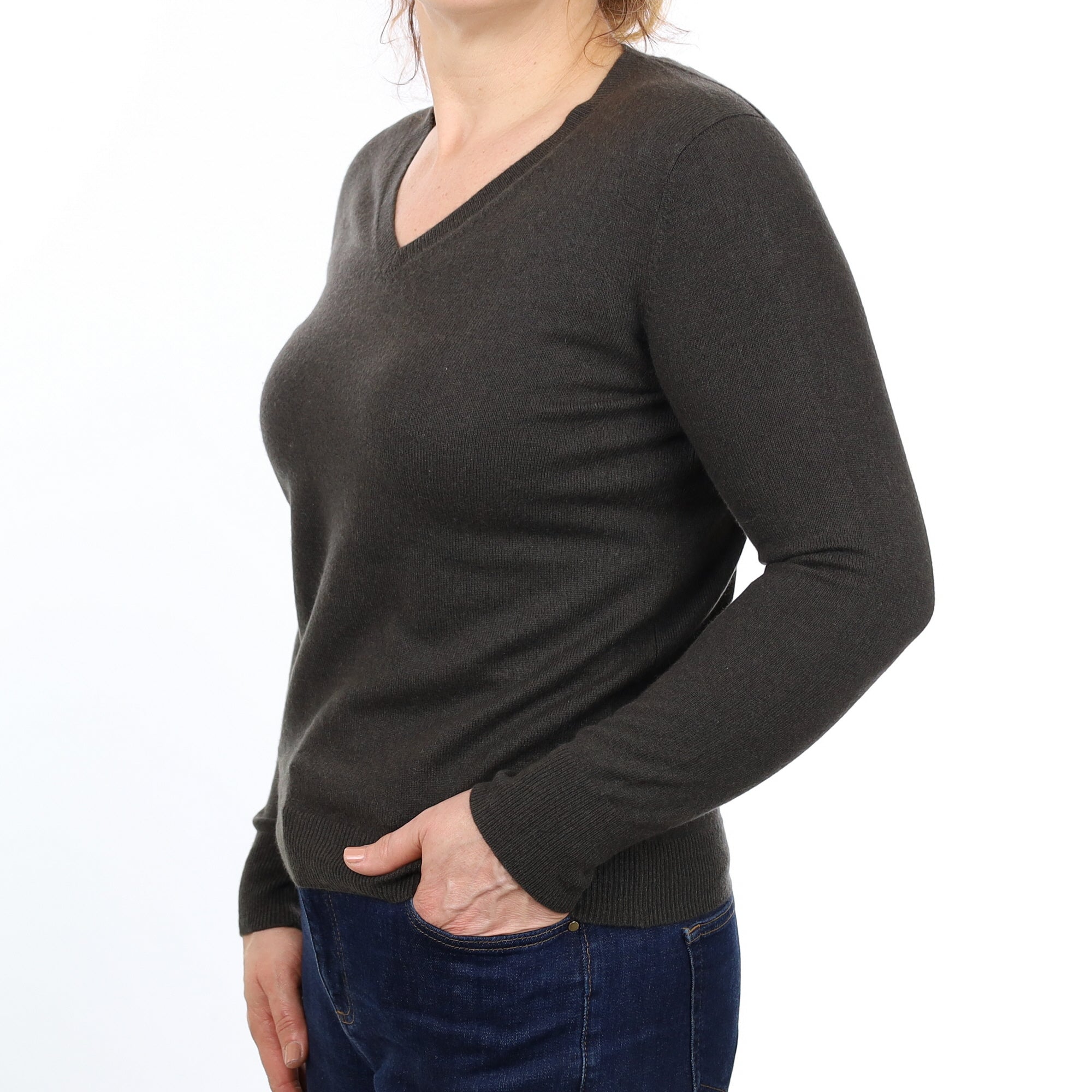 Mole Brown Cashmere V Neck Jumper Medium