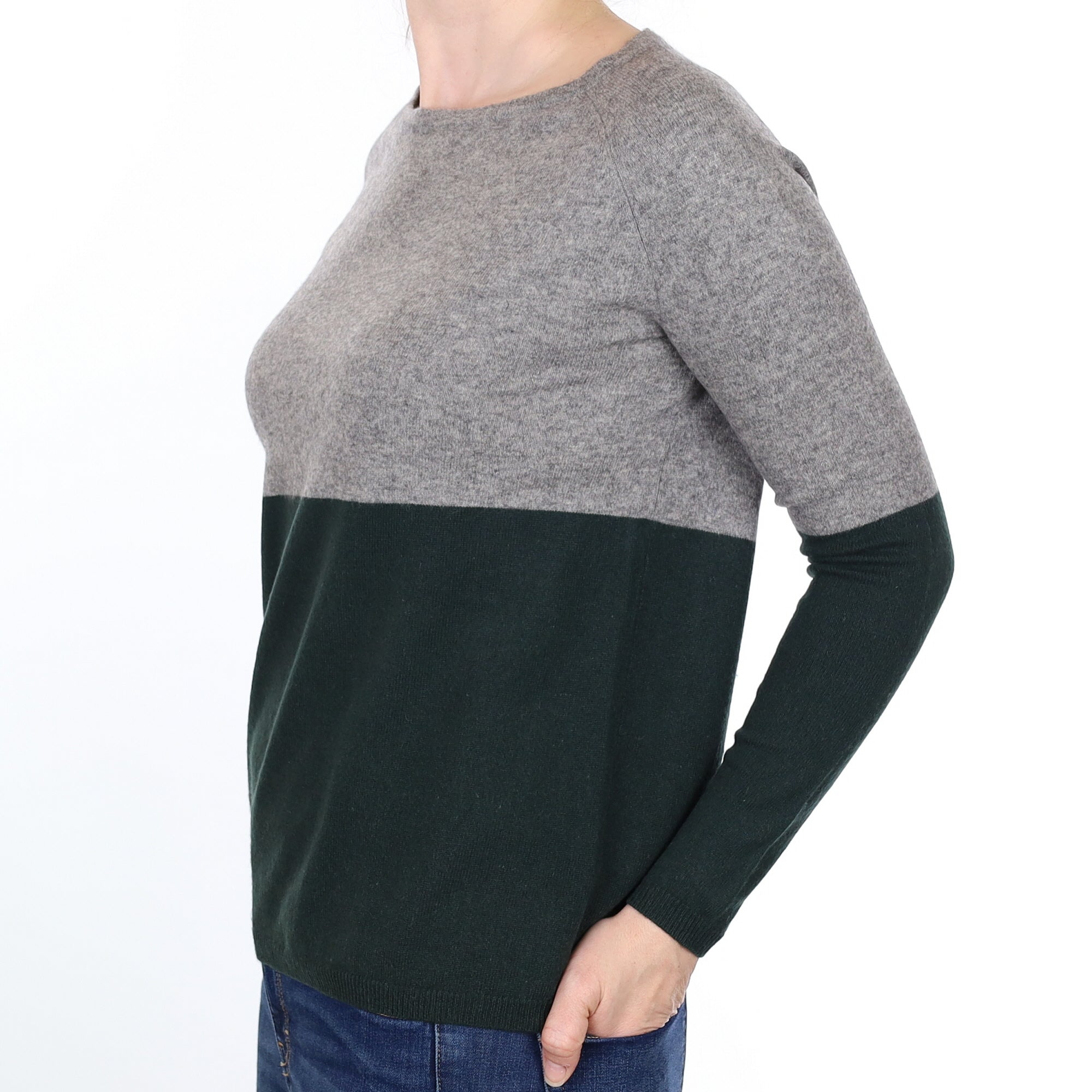 Slate Grey and Bottle Green Colour Block Cashmere Crew Neck Jumper Small