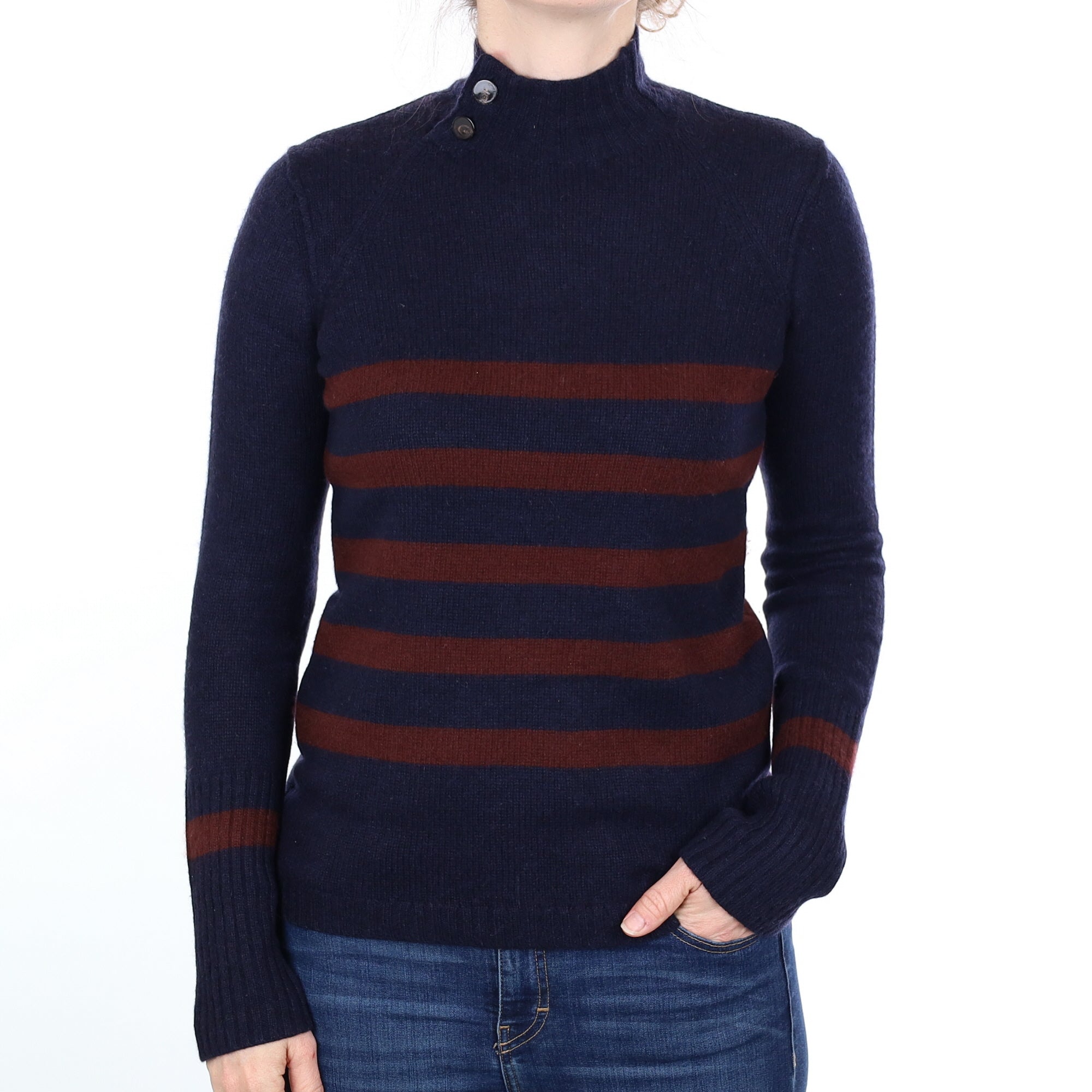 Jigsaw Navy and Rust Striped Cashmere Turtleneck Jumper Small