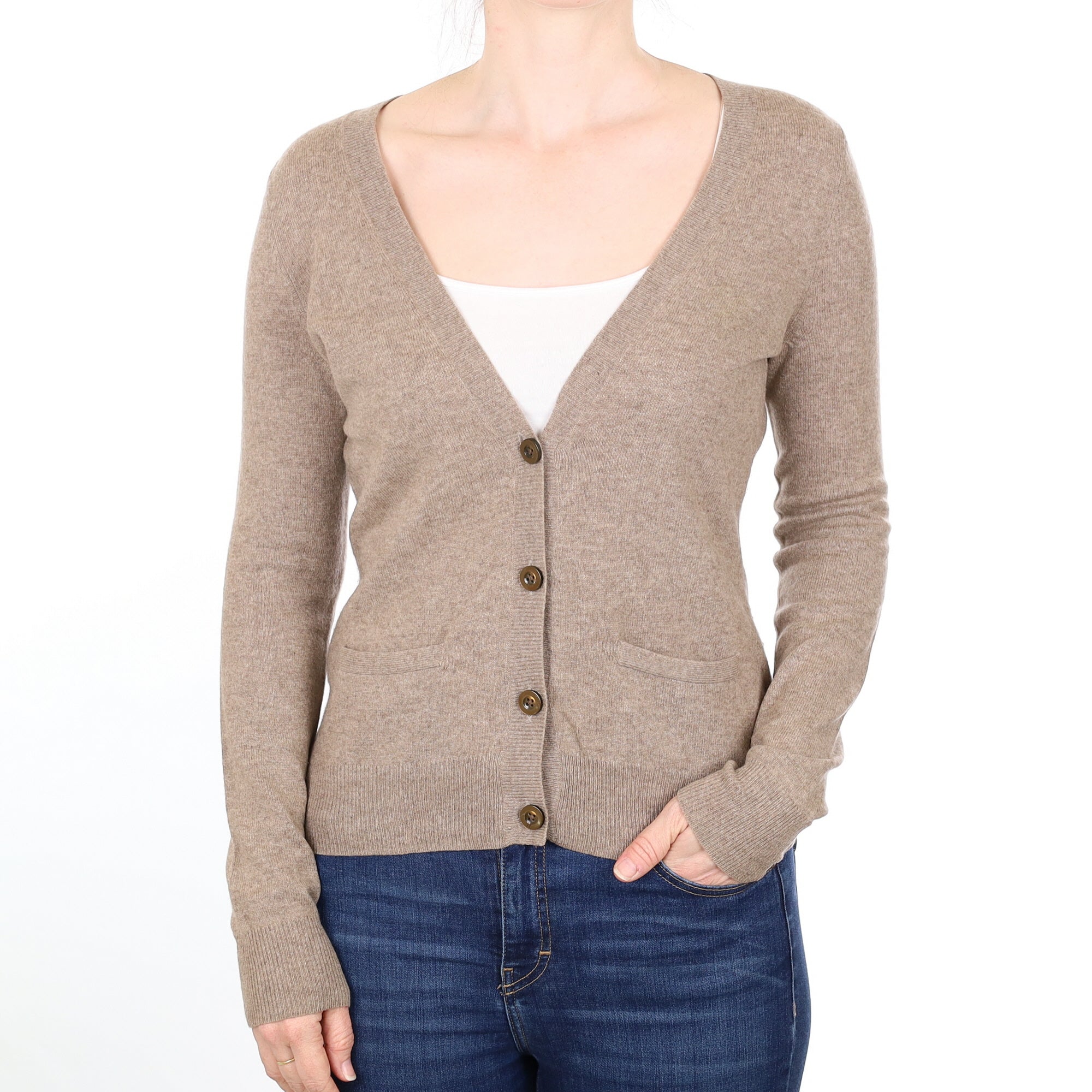 Taupe Brown Cashmere V Neck Cardigan with Pockets Small