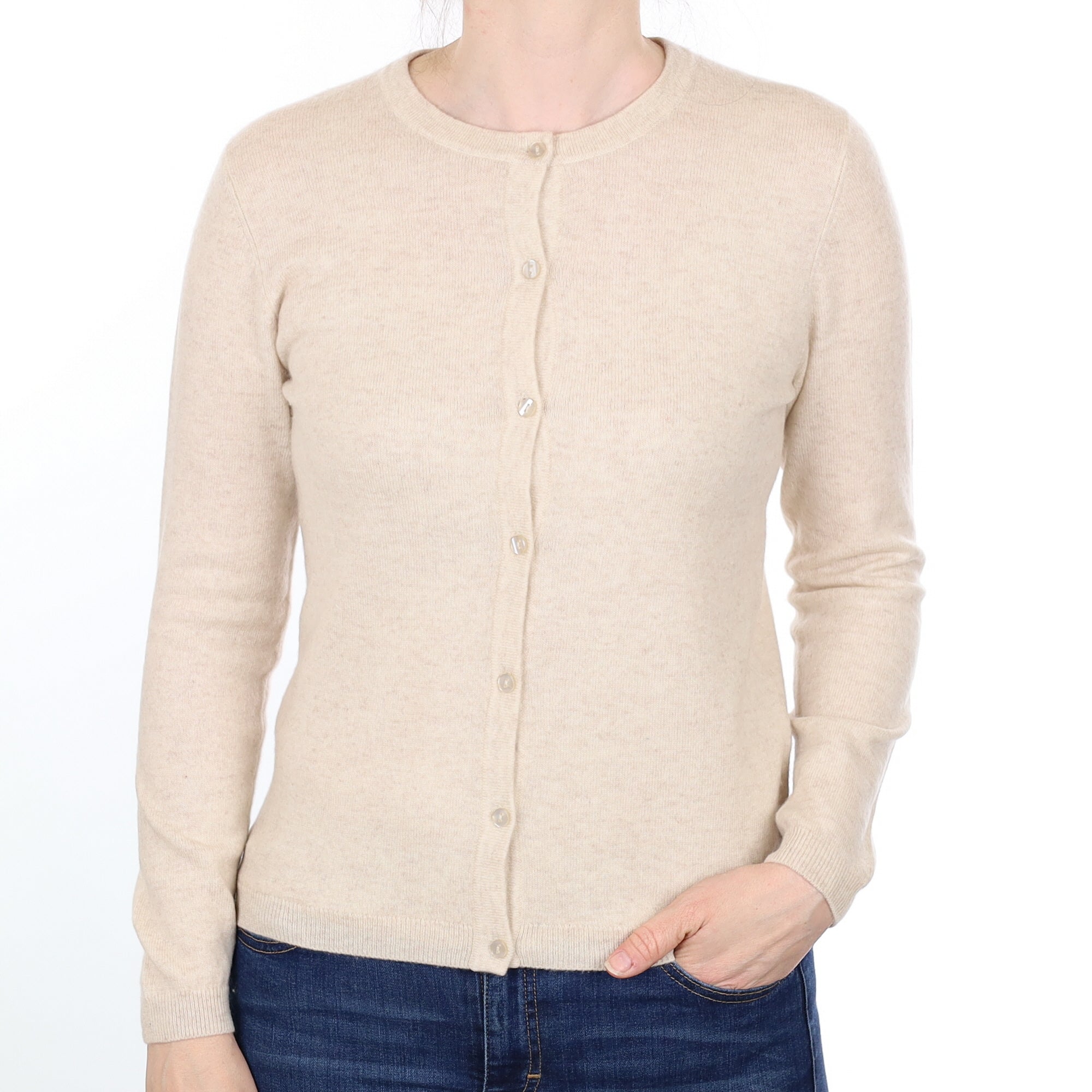 Honey Beige Cashmere Crew Neck Cardigan Small