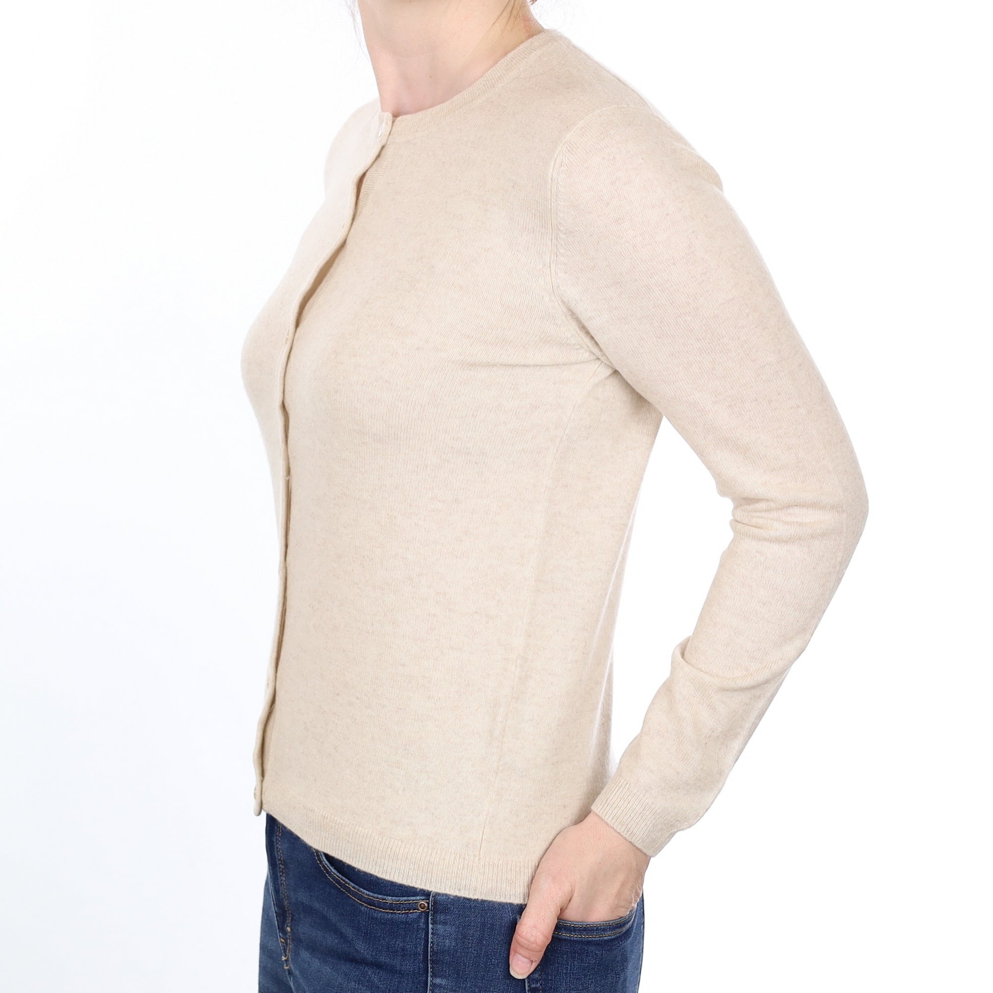 Honey Beige Cashmere Crew Neck Cardigan Small