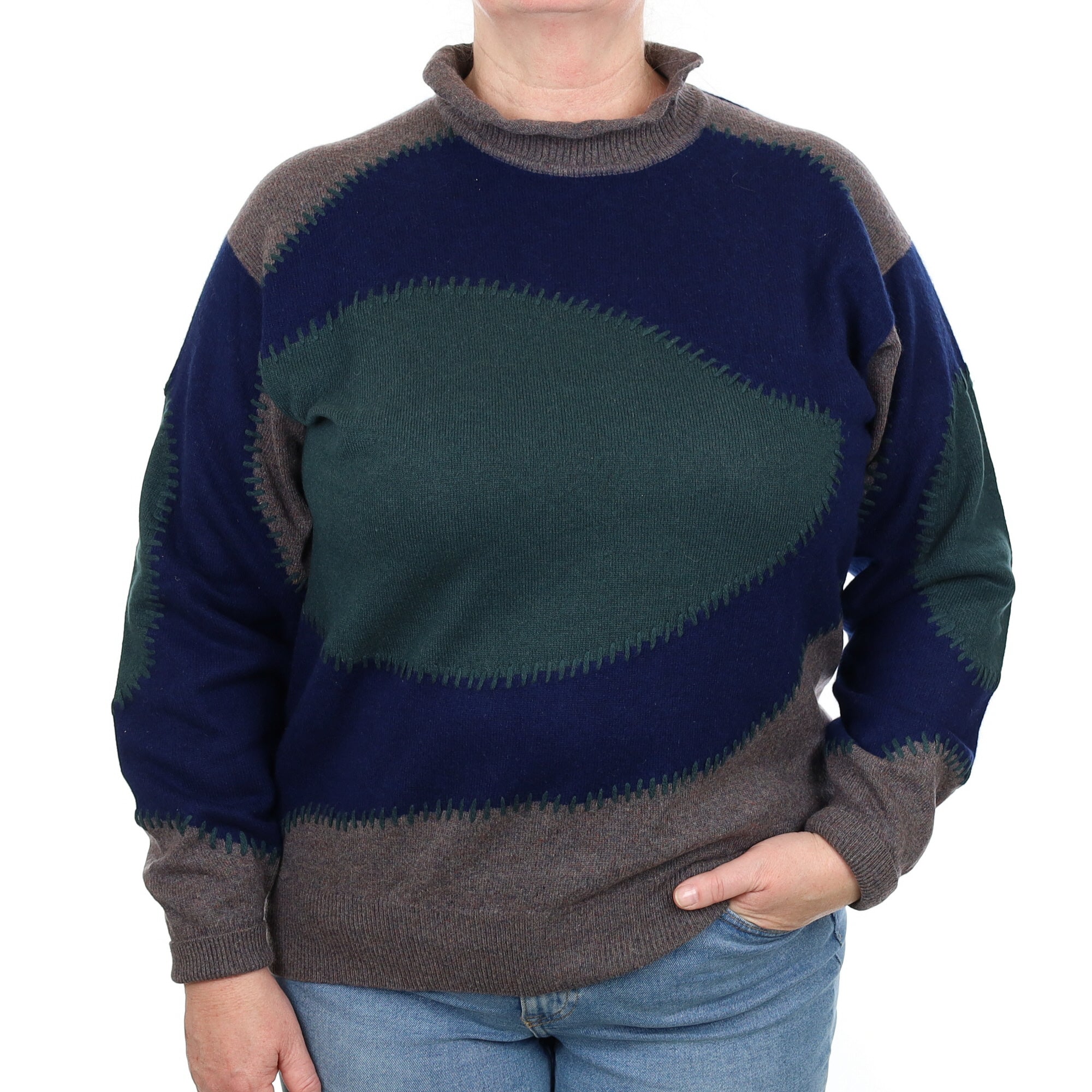 Green, Navy and Grey Patterned Cashmere Turtle Neck Jumper Extra Large