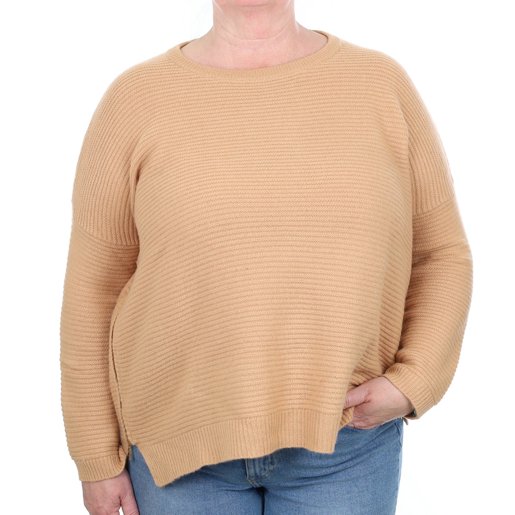 Caramel Brown Ribbed Cashmere Crew Neck Jumper Extra Large