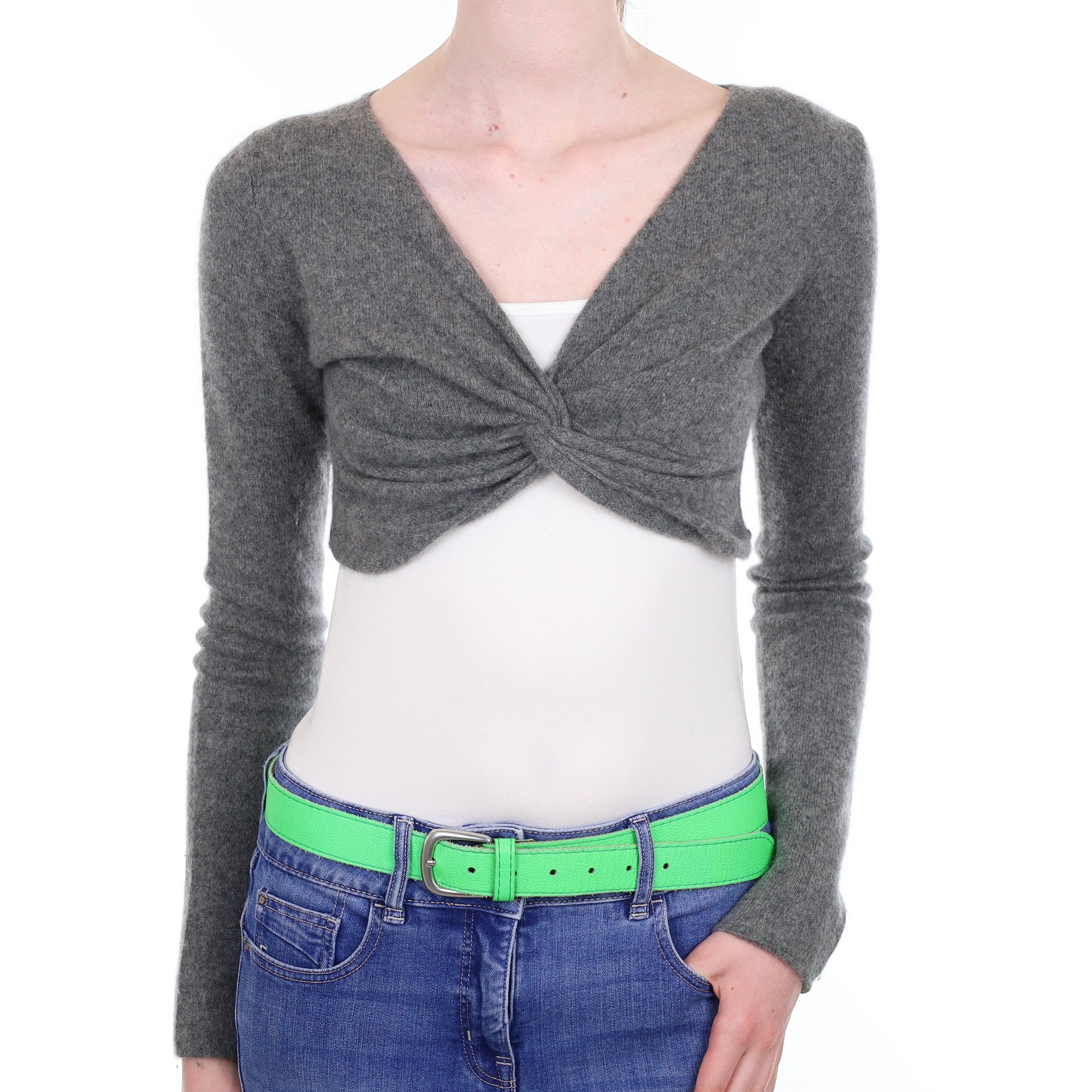 Ash Grey Cashmere V Neck Cropped Jumper Extra Small