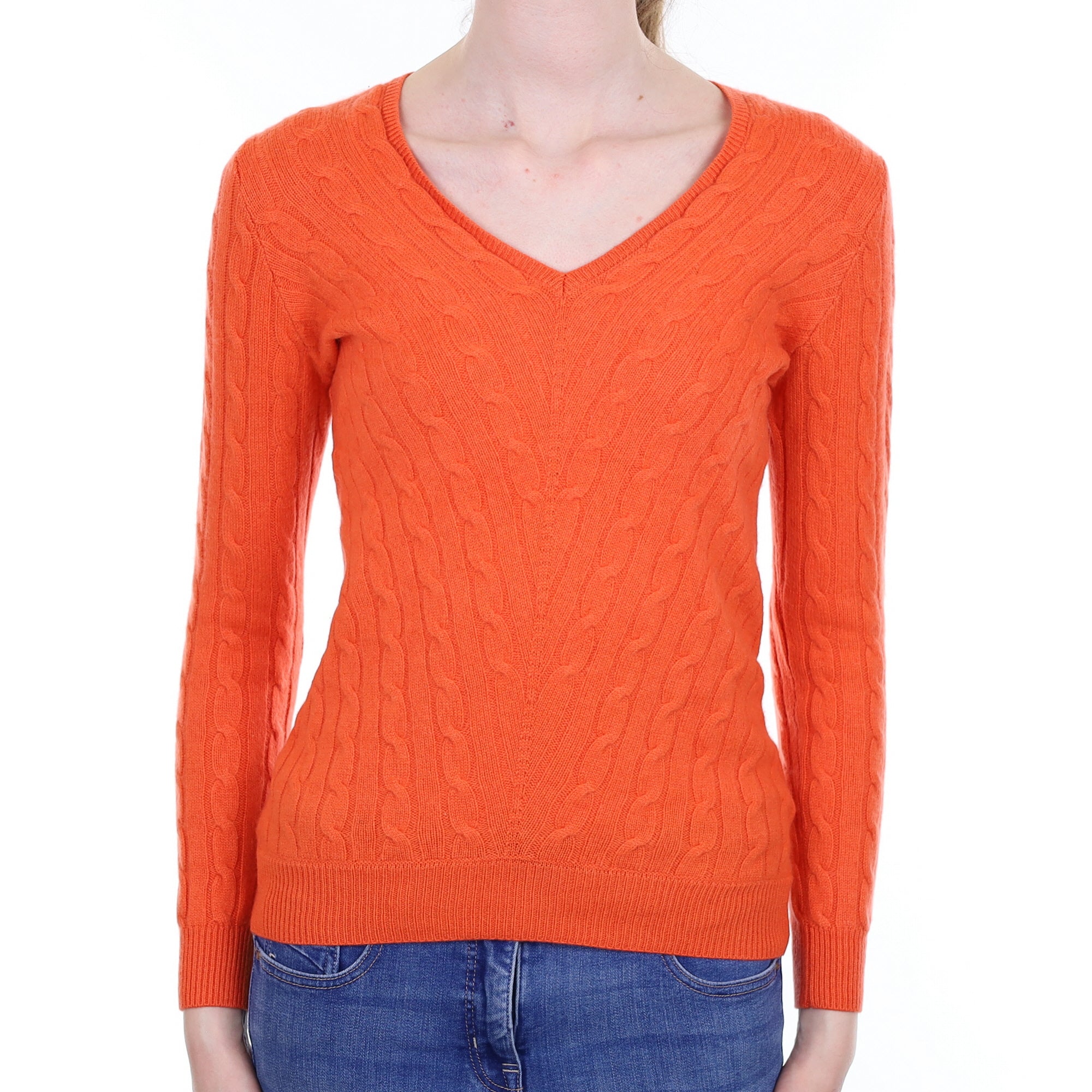 Tangerine Orange Cable Cashmere V Neck Jumper Extra Small