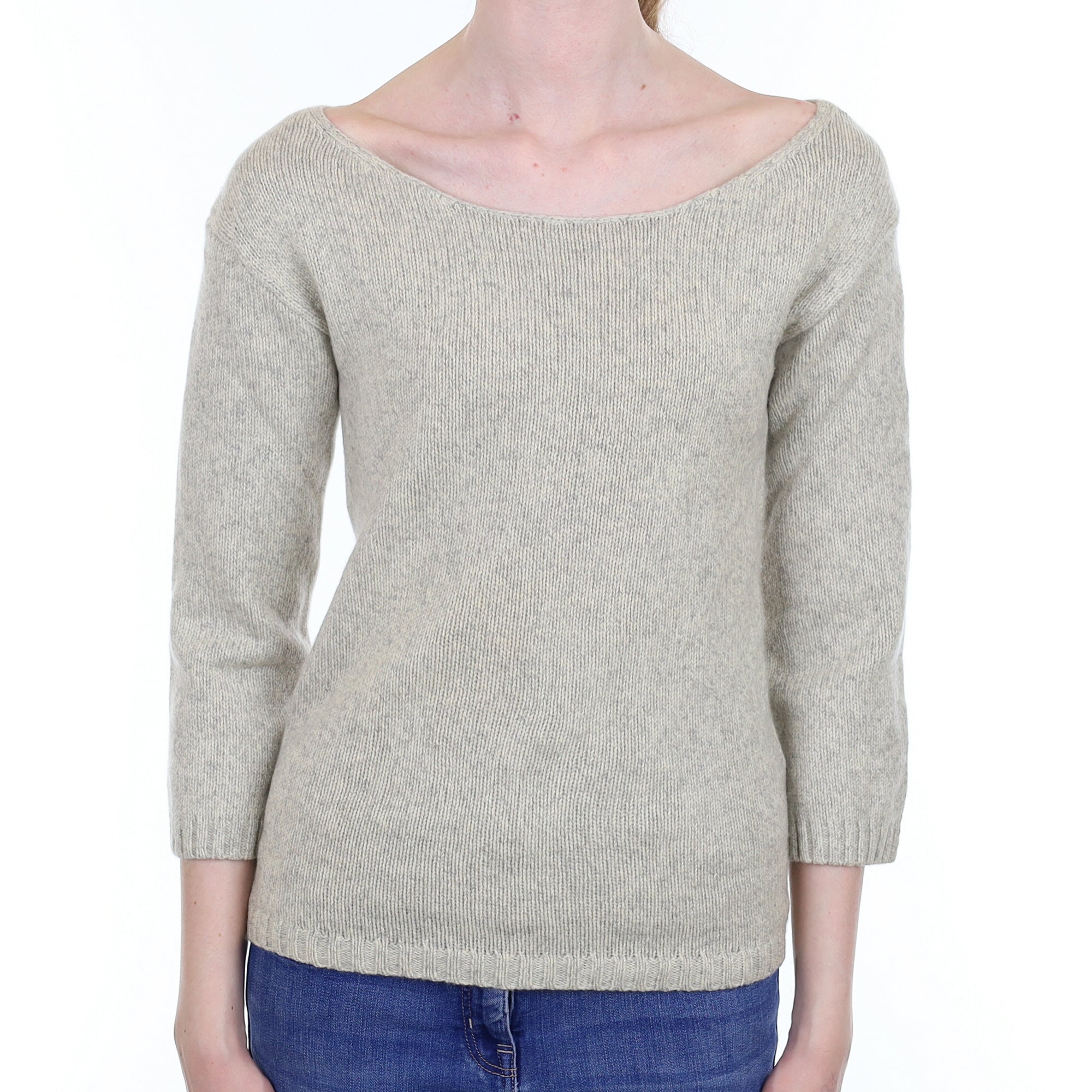 Theory Smoke Grey Chunky Cashmere 3/4 Sleeve Slash Neck Jumper Extra Small