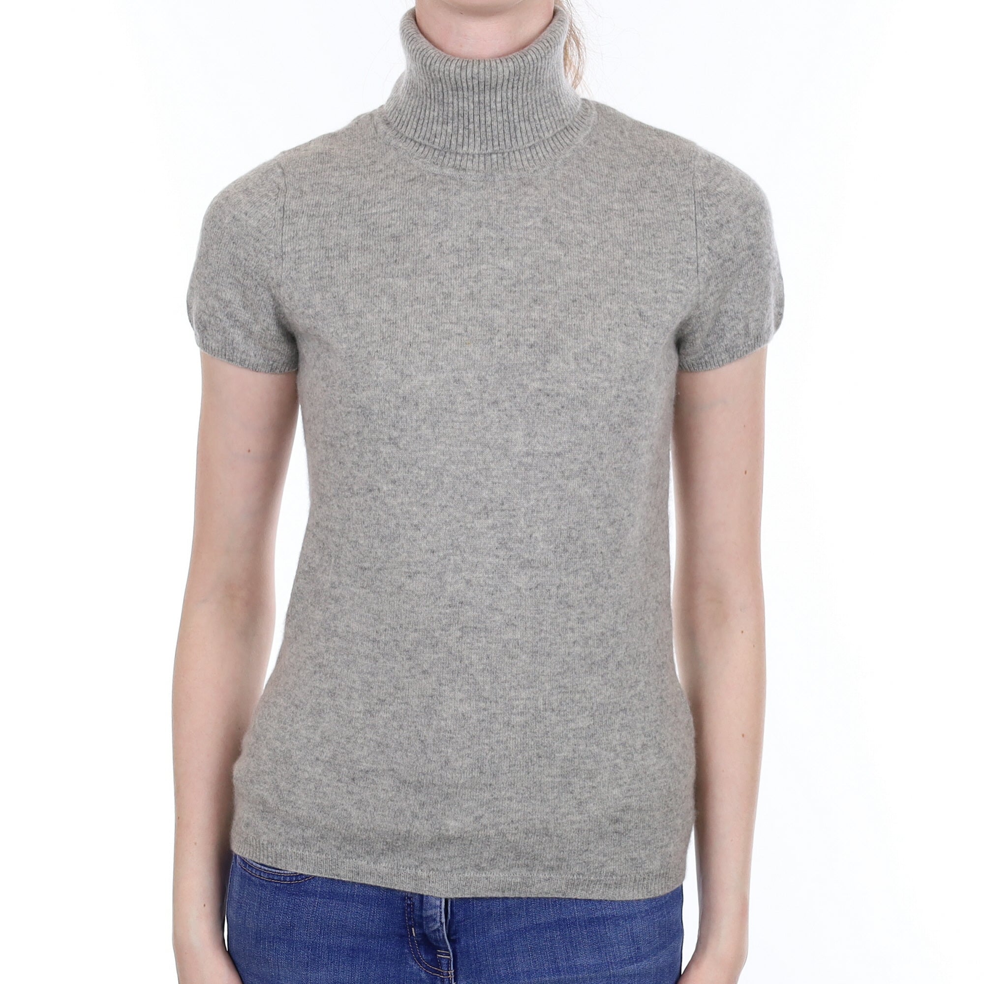 Smoke Grey Cashmere Short Sleeved Polo Neck Jumper Extra Small