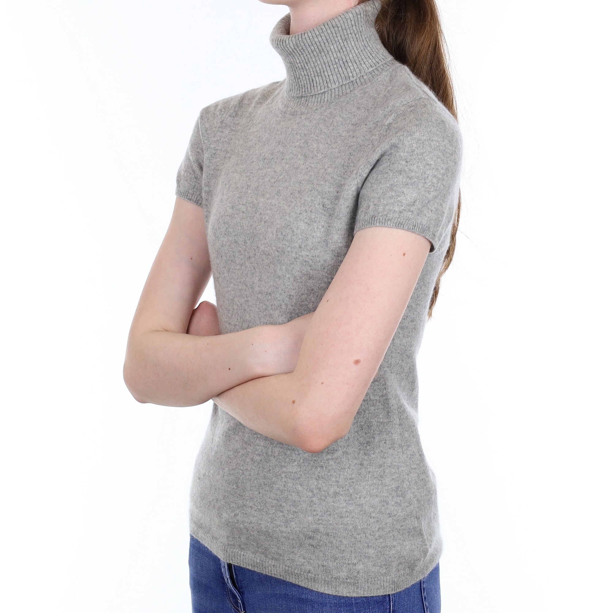 Smoke Grey Cashmere Short Sleeved Polo Neck Jumper Extra Small