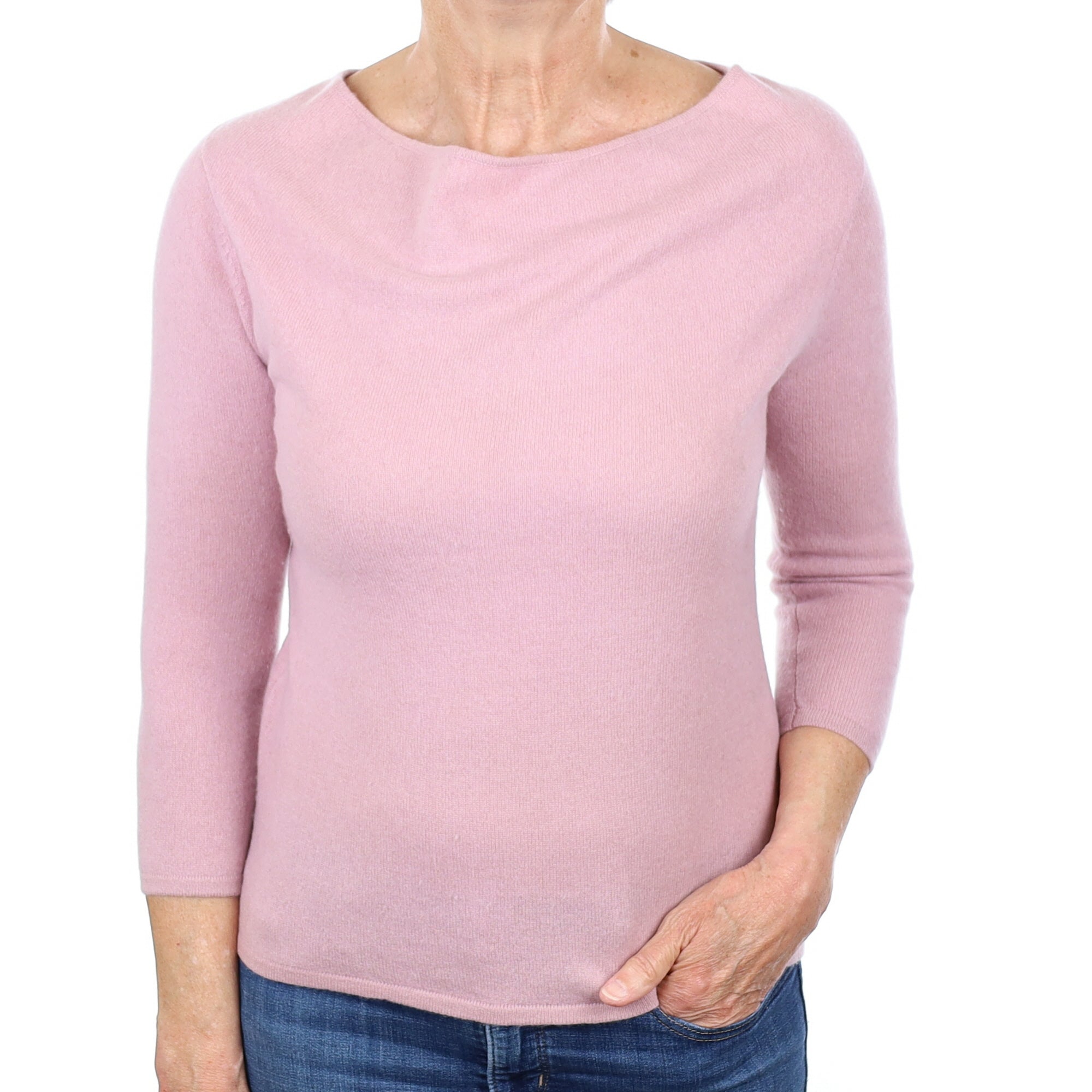 Mauve Pink Cashmere 3/4 Sleeve Drape Neck Jumper Medium