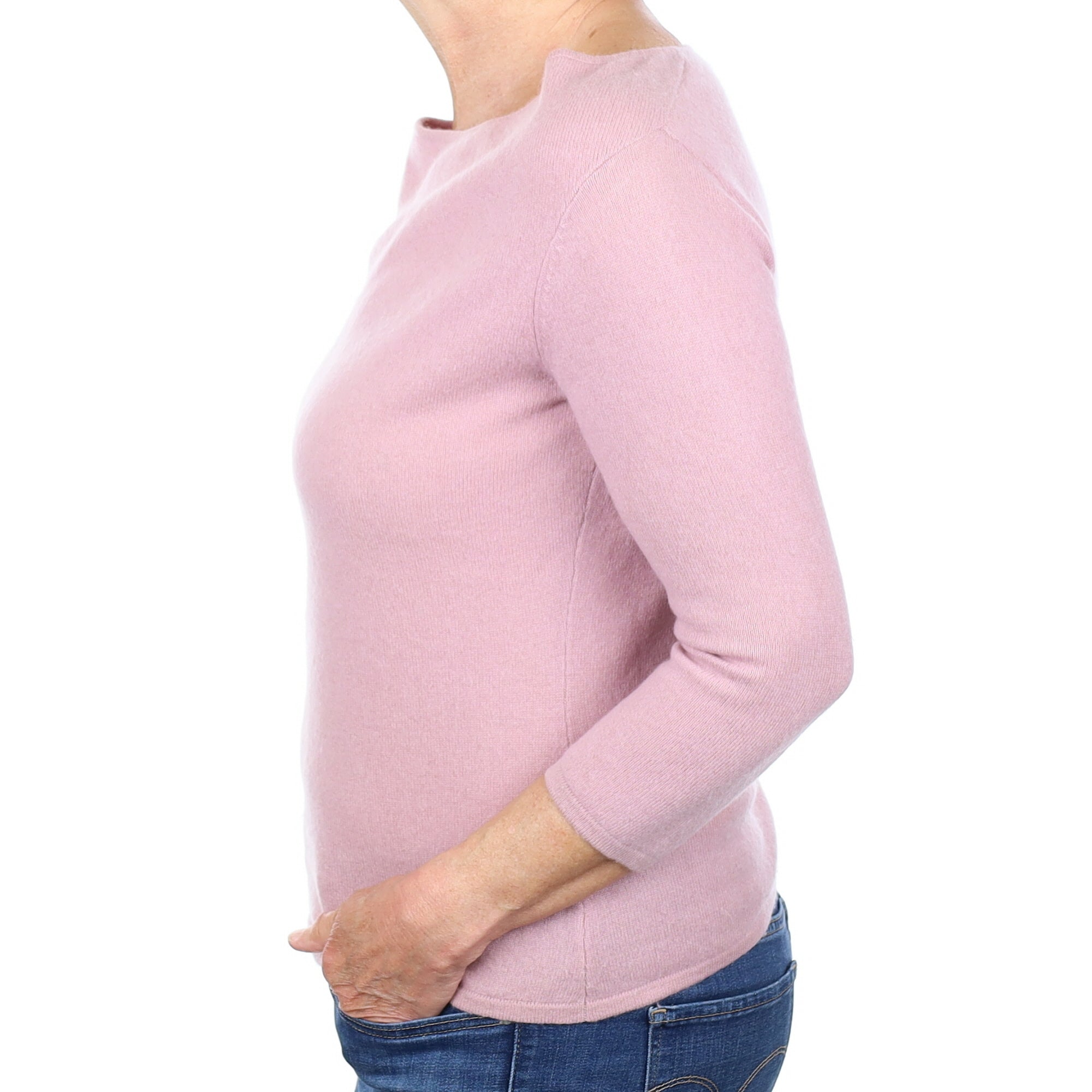 Mauve Pink Cashmere 3/4 Sleeve Drape Neck Jumper Medium