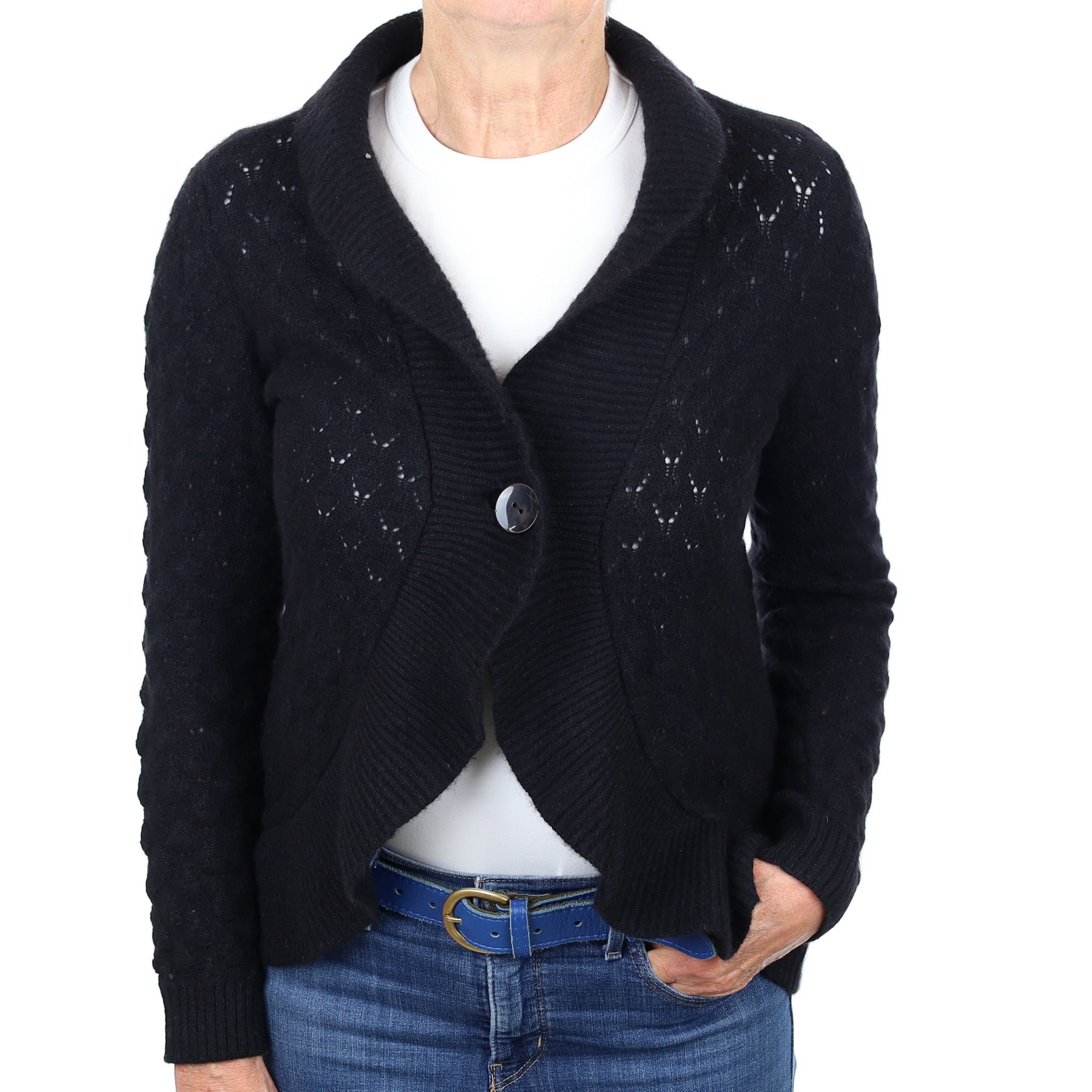 Black Ruffle Edge Cashmere Fancy Knit Cardigan Medium