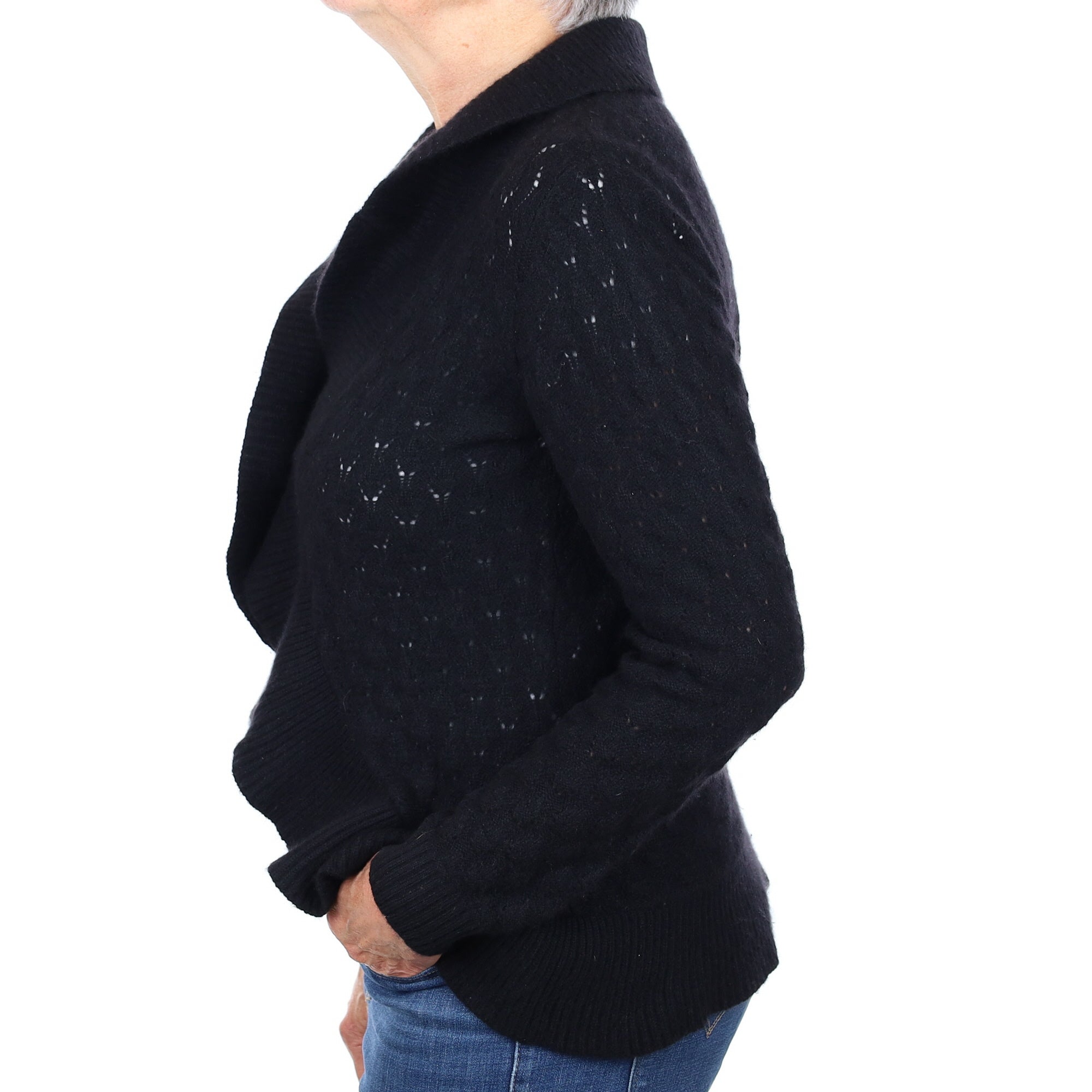 Black Ruffle Edge Cashmere Fancy Knit Cardigan Medium