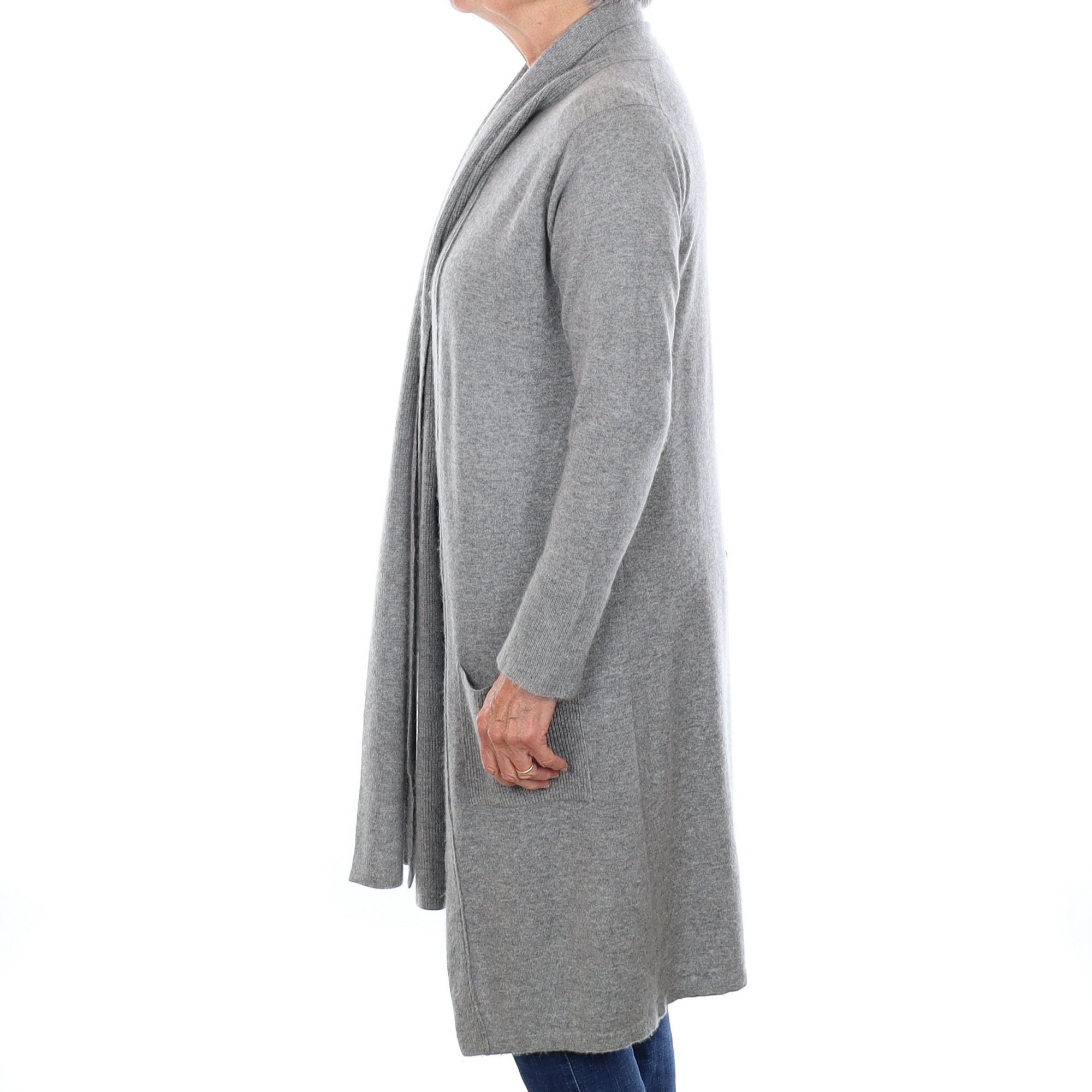 Scottish Ash Grey Cashmere Longline Cardigan with Pockets and Scarf Medium