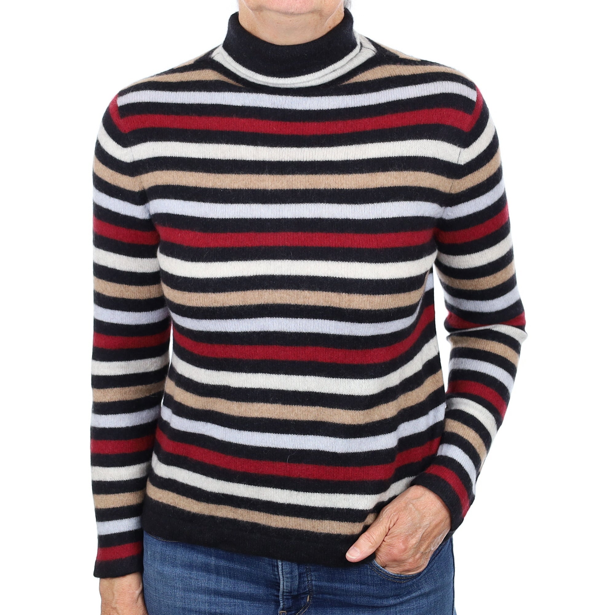Black Camel & Red Stripe Cashmere Polo Neck Jumper Medium