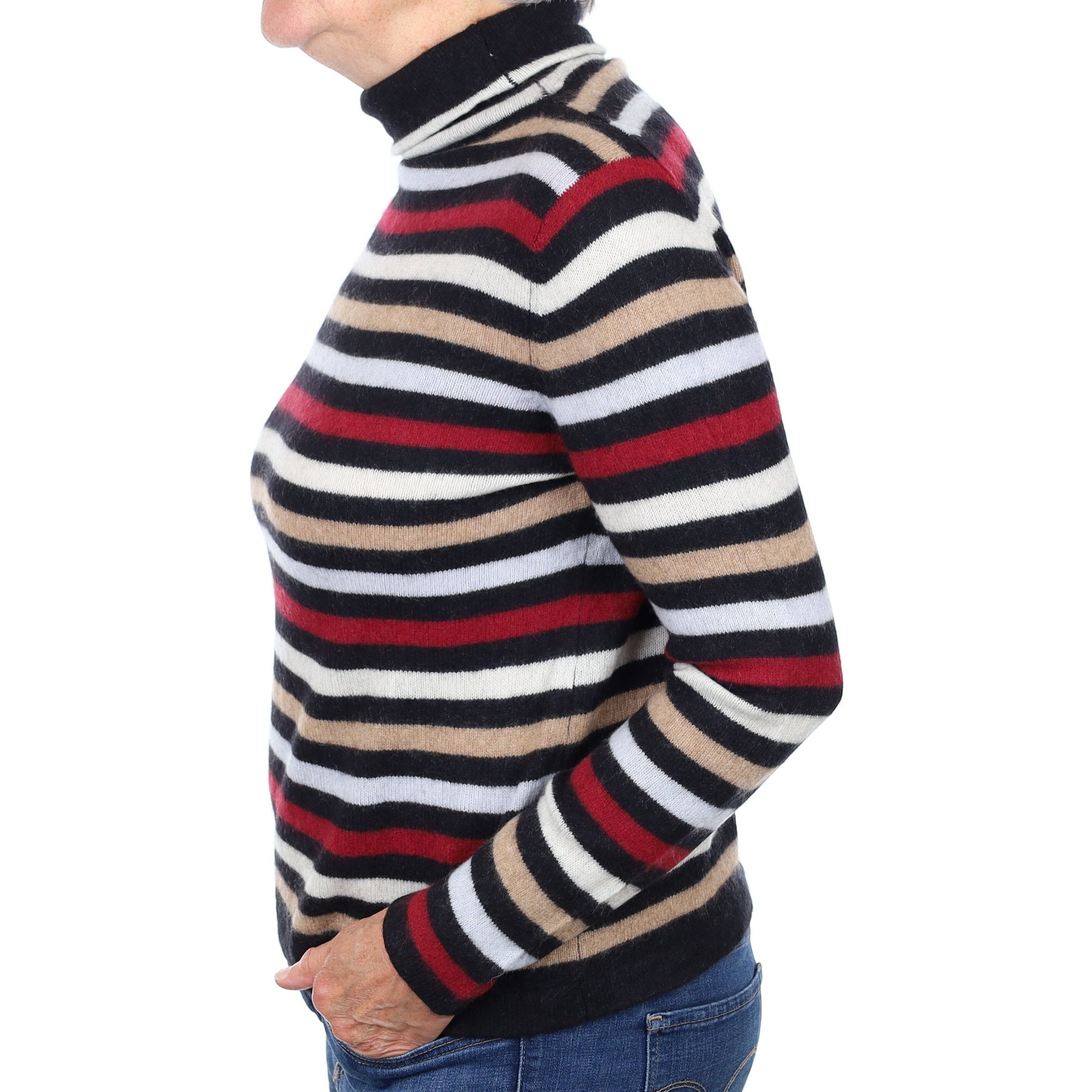 Black Camel & Red Stripe Cashmere Polo Neck Jumper Medium