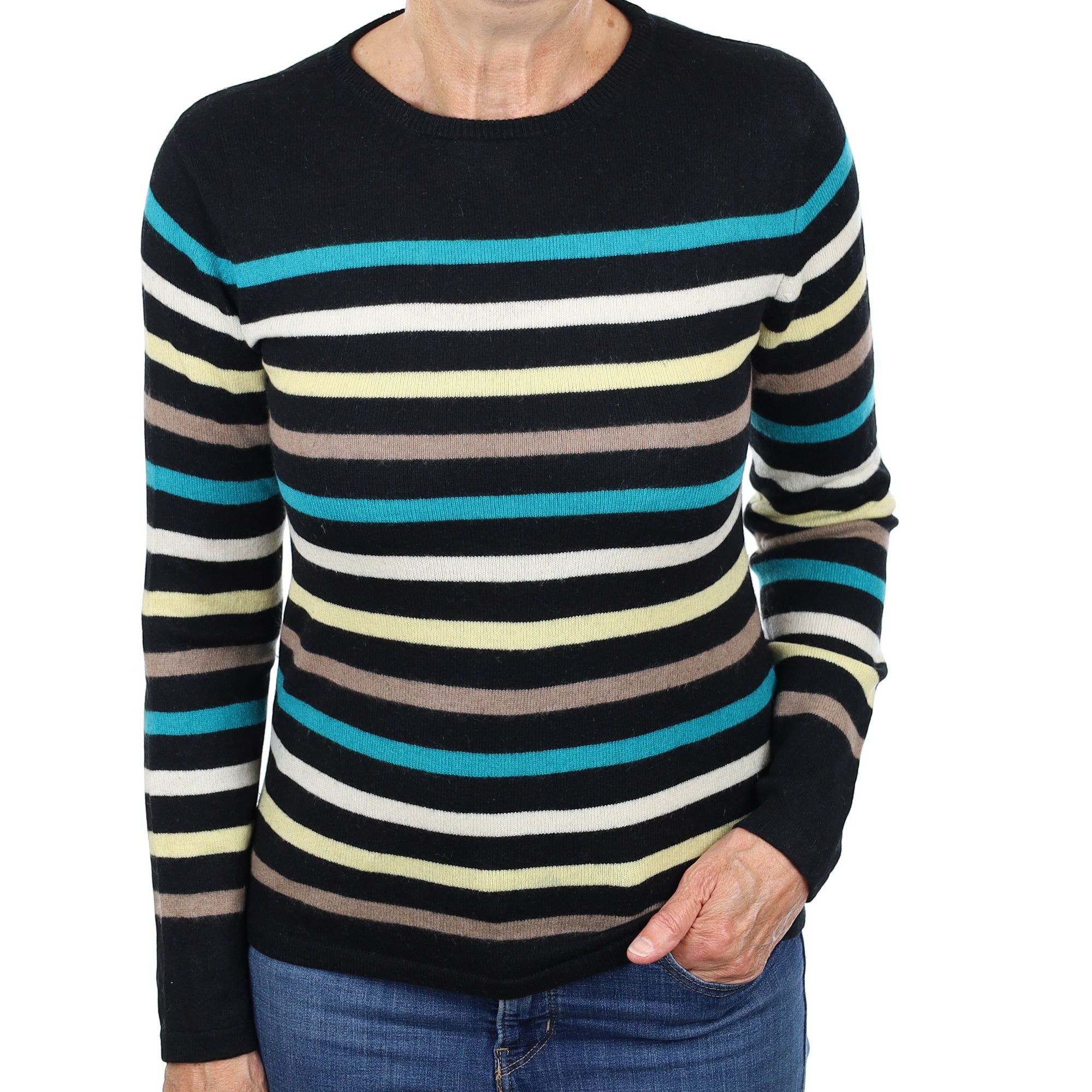 Black Multicolour Stripe Cashmere Crew Neck Jumper Medium