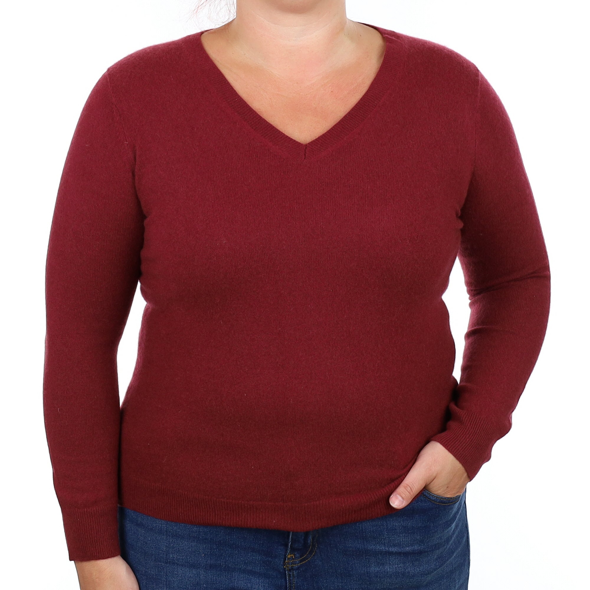 Wine Red Cashmere V Neck Jumper Large