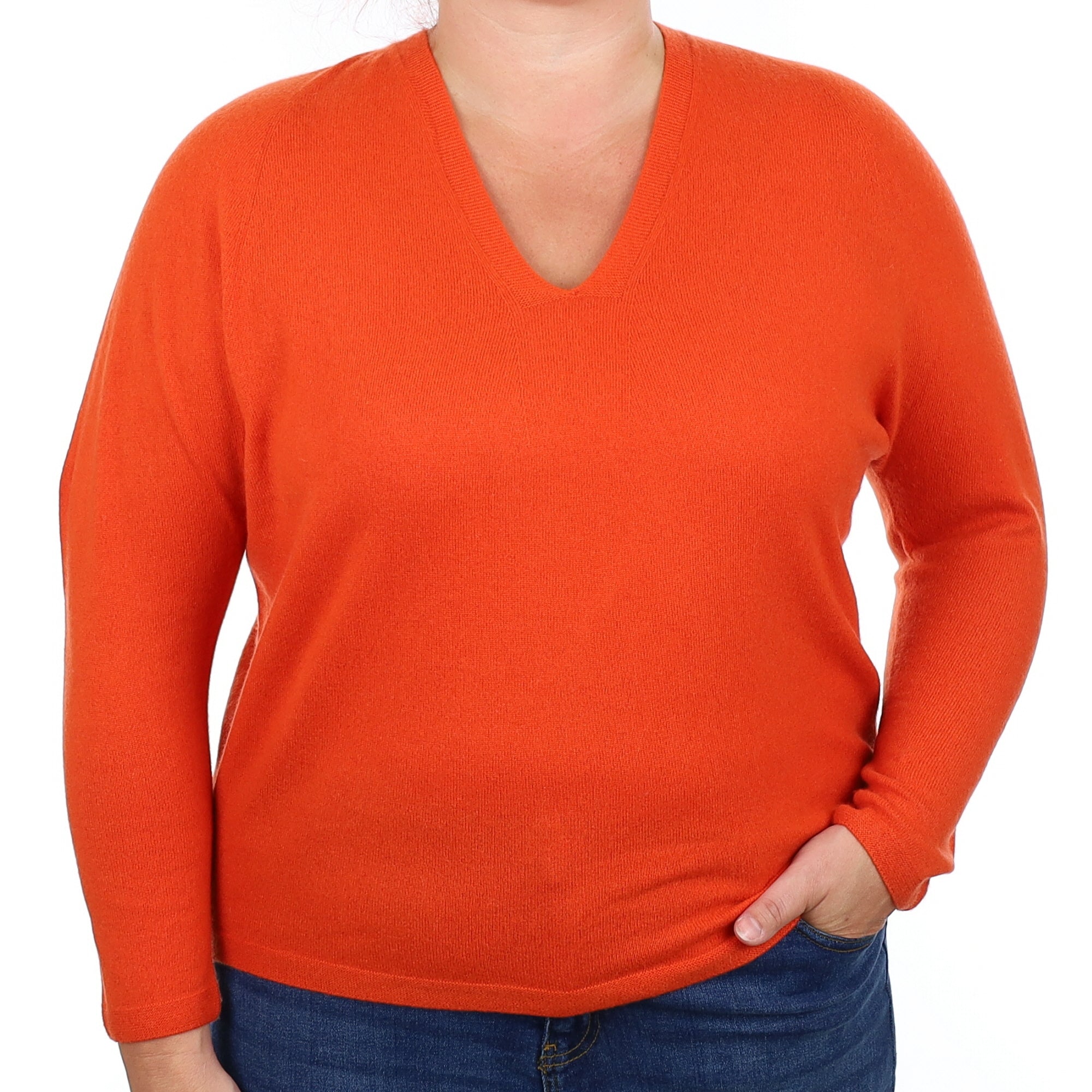 Tangerine Orange Cashmere V Neck Jumper Large