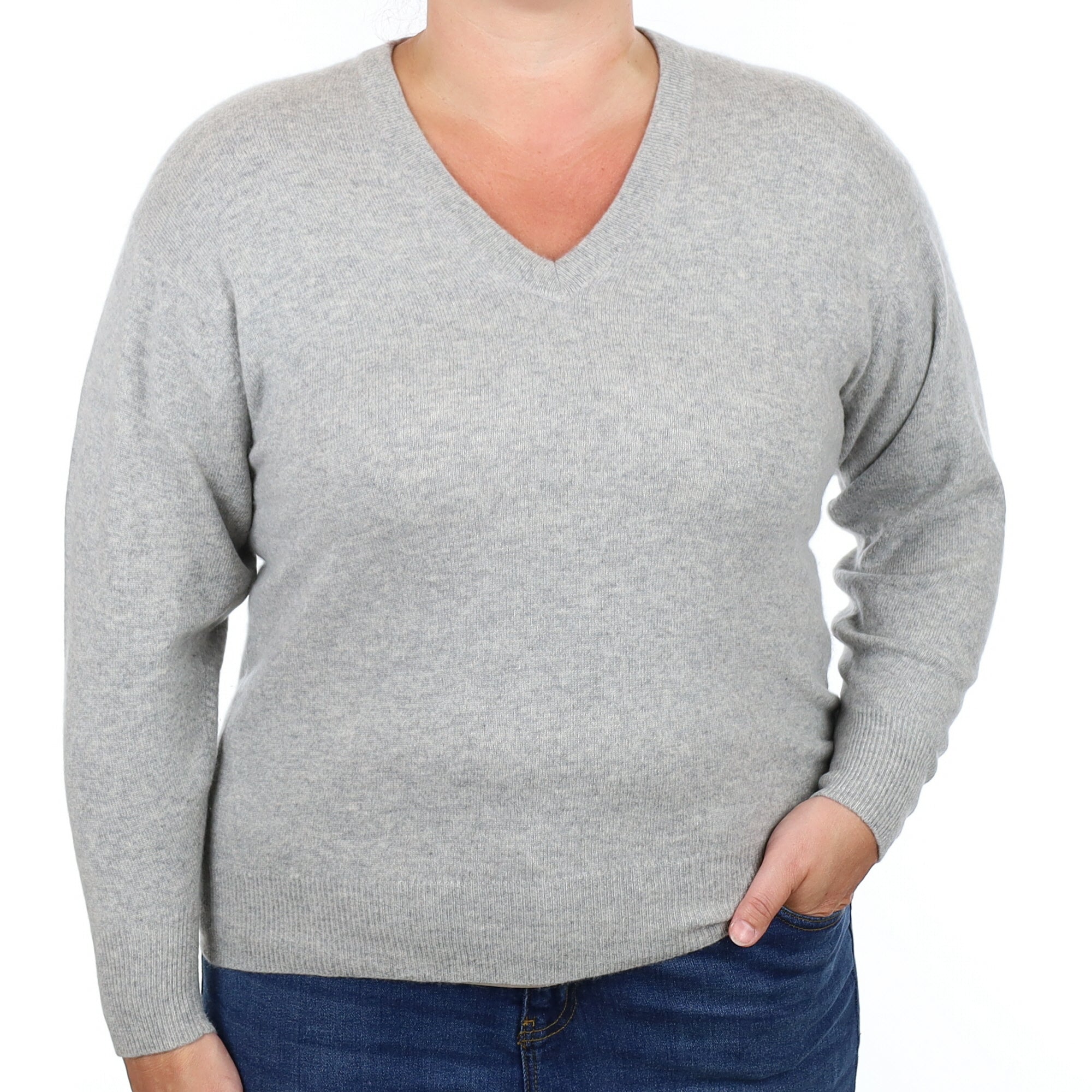 Smoke Grey Cashmere V Neck Jumper Large