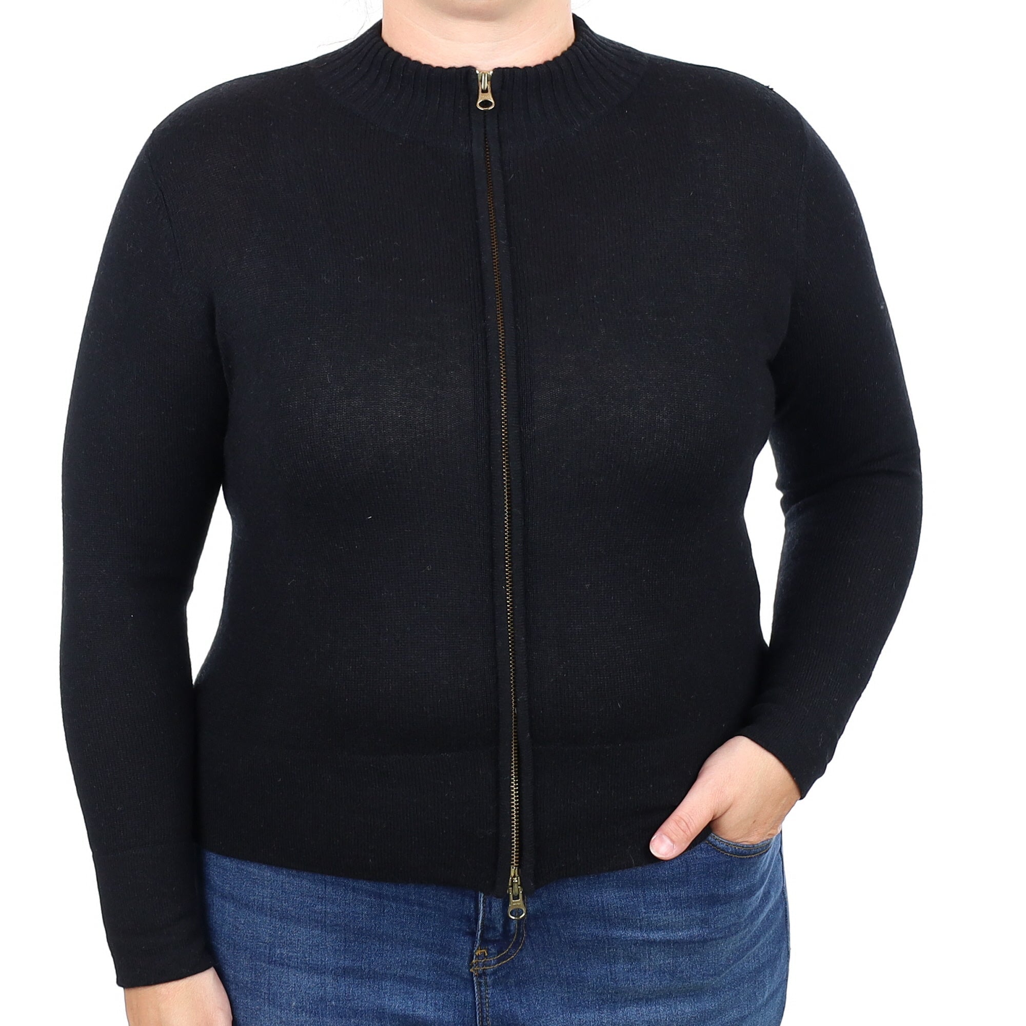 Black Cashmere Turtle Neck Zip Up Cardigan Large