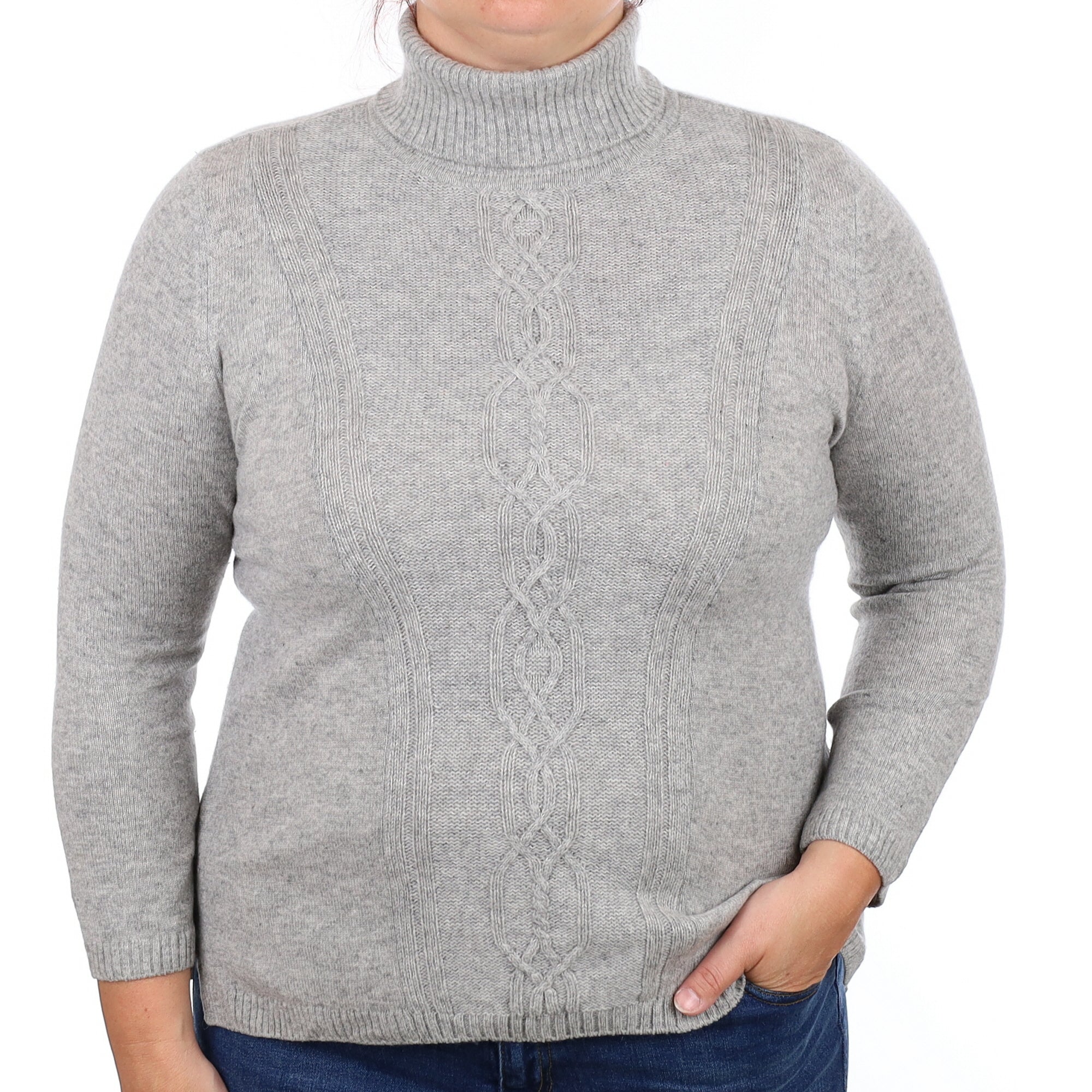 Smoke Grey Cable Cashmere Polo Neck Jumper Large