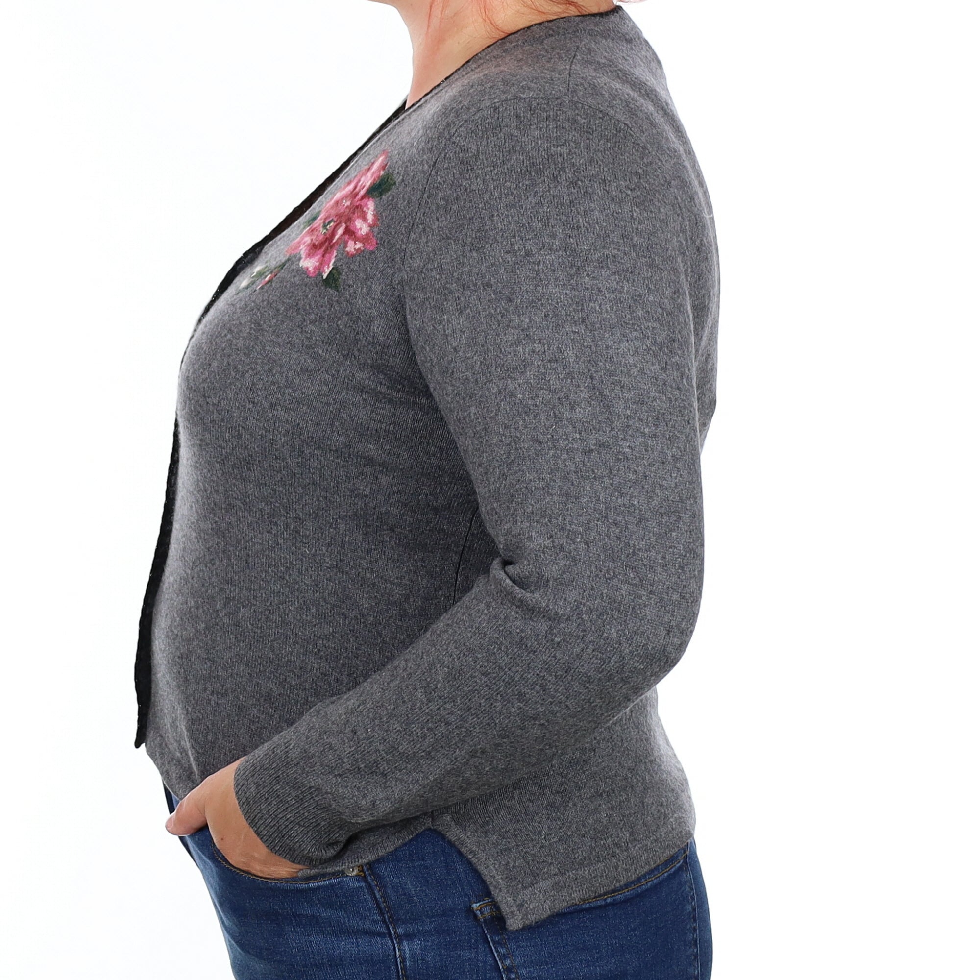 Slate Grey Floral Cashmere V Neck Cardigan Large