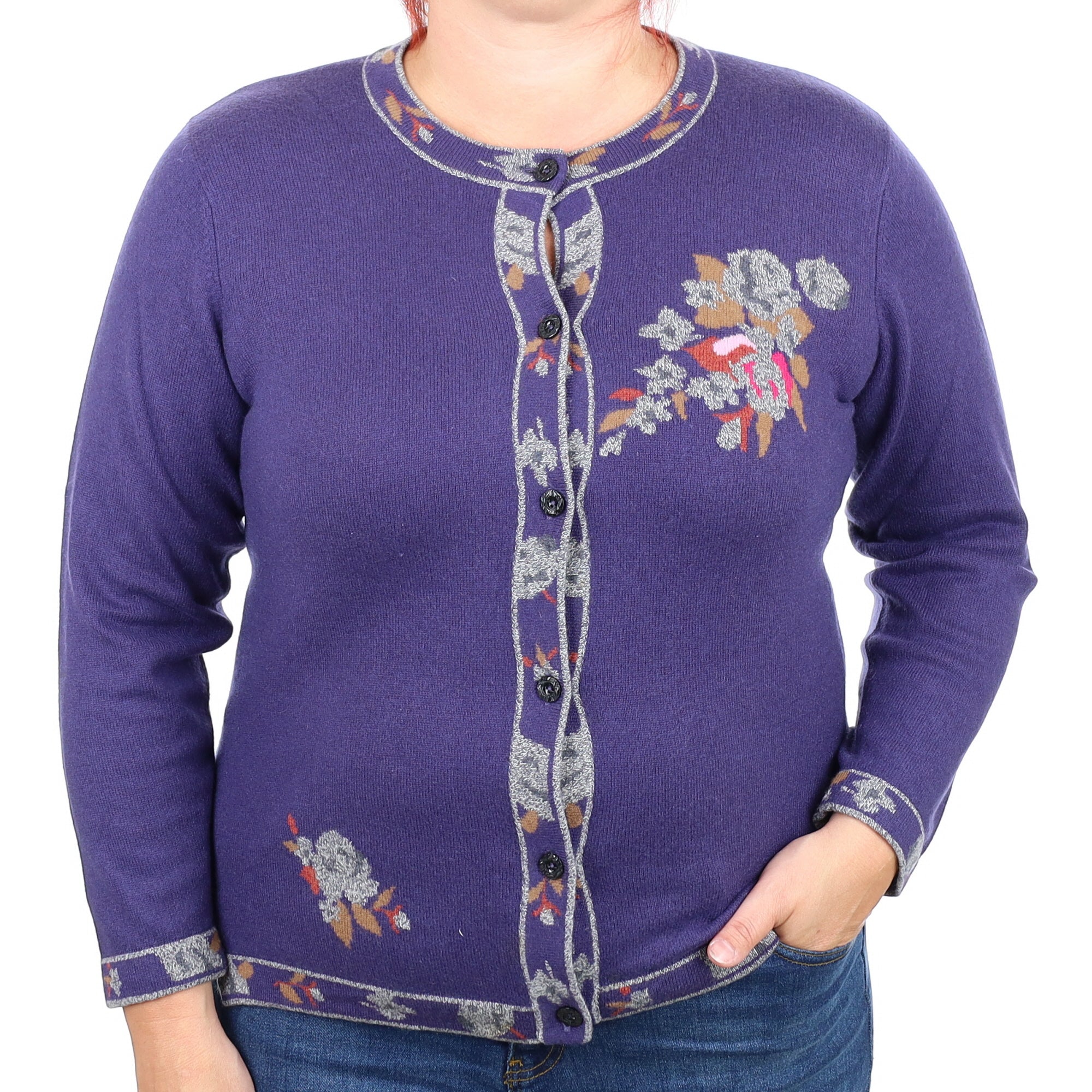 Grape Purple Floral Cashmere Crew Neck Cardigan Large